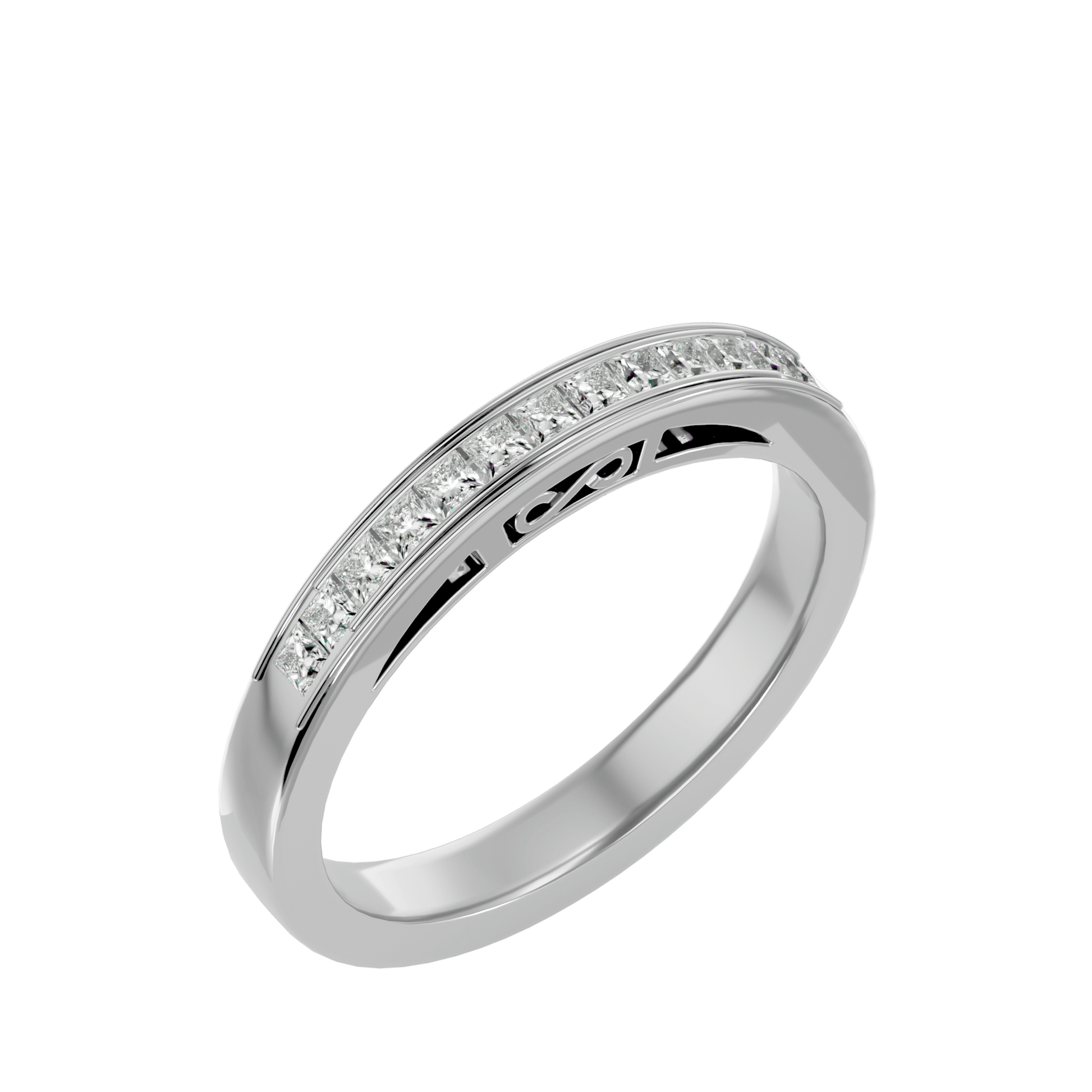 Elegant 1/3 channel-set princess band with intricate filigree detailing by Carat House Dubai, showcasing sparkling gemstone design.