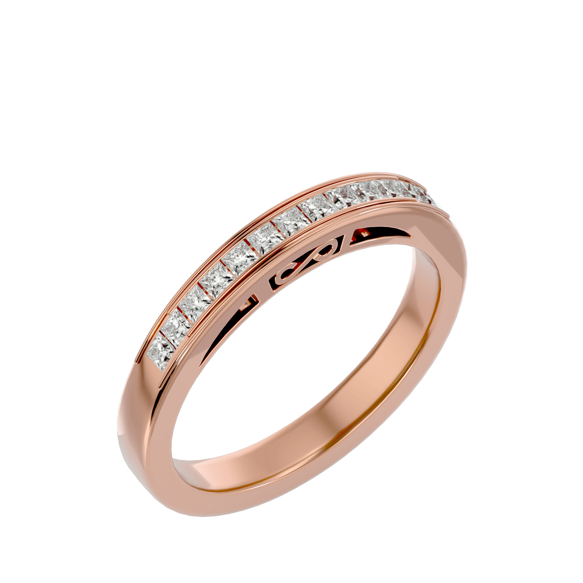 Elisa 1/3 channel-set princess band with intricate filigree detailing, crafted by Carat House Dubai, showcasing elegant jewelry design.