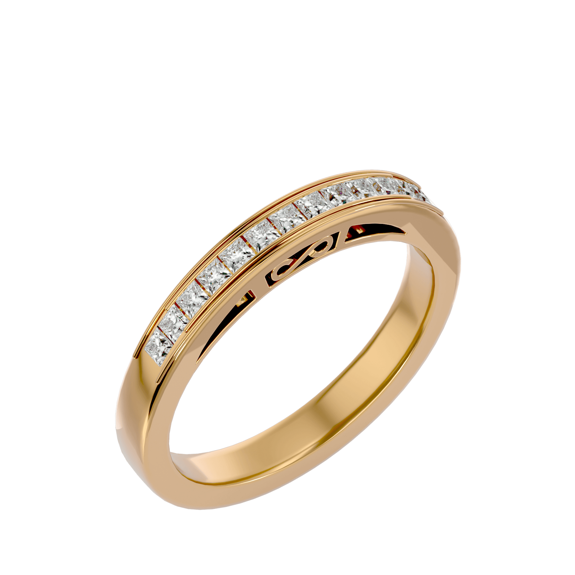 Elisa 1/3 channel-set princess band with intricate filigree detailing by Carat House Dubai, showcasing elegant jewelry craftsmanship.