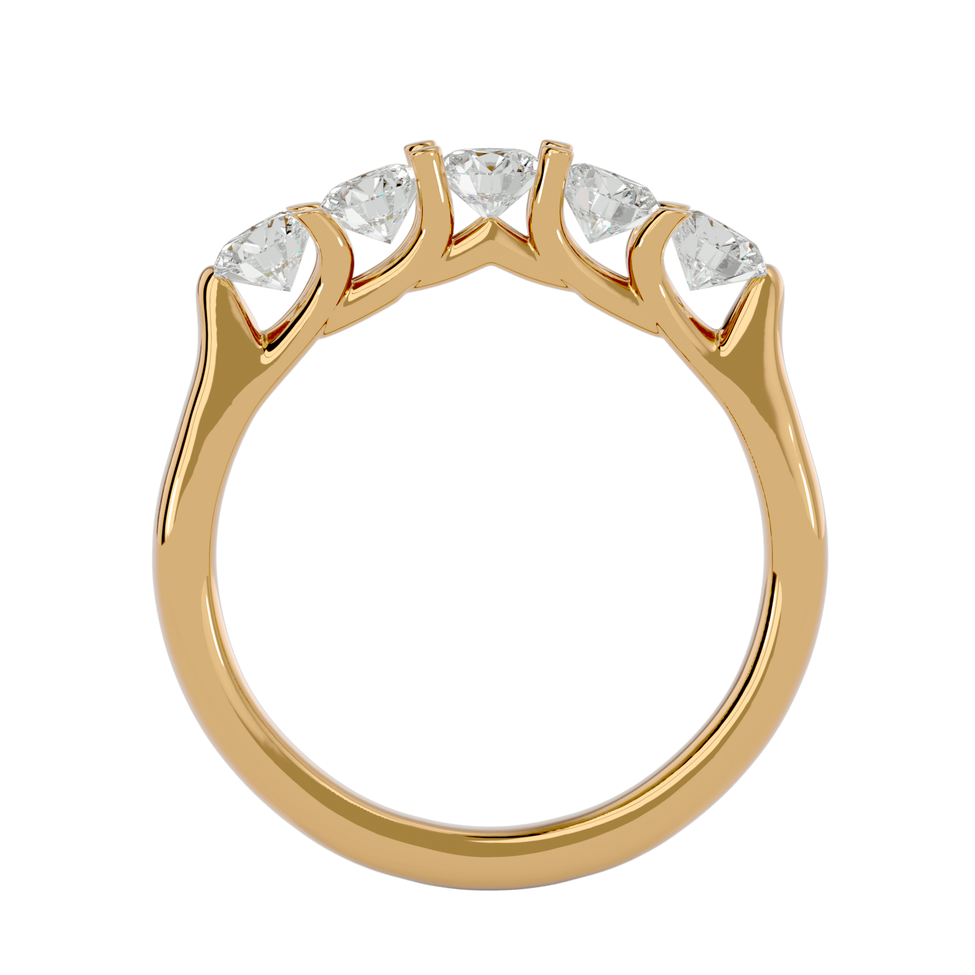 Five-stone shared prong band by Carat House Dubai featuring sparkling gemstones and elegant gold setting.