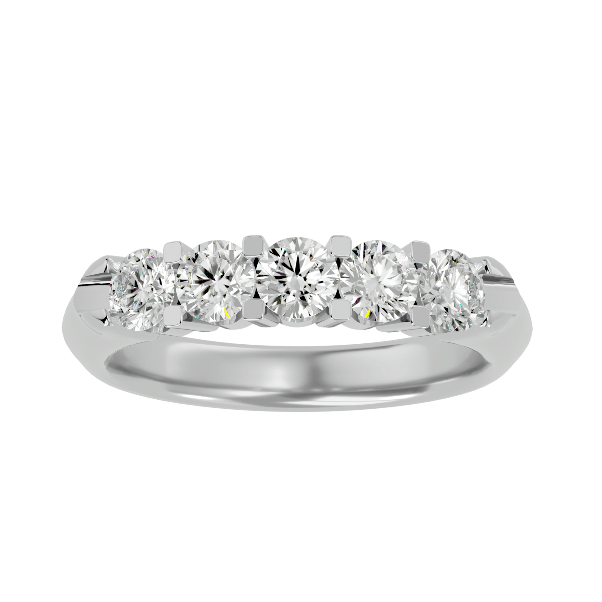 Mirabelle – The Five-Stone U-Prong Band — women's diamond wedding ring — cathedral, U-prong — lab grown diamond and natural diamond — 18k white gold and platinum — Carat House