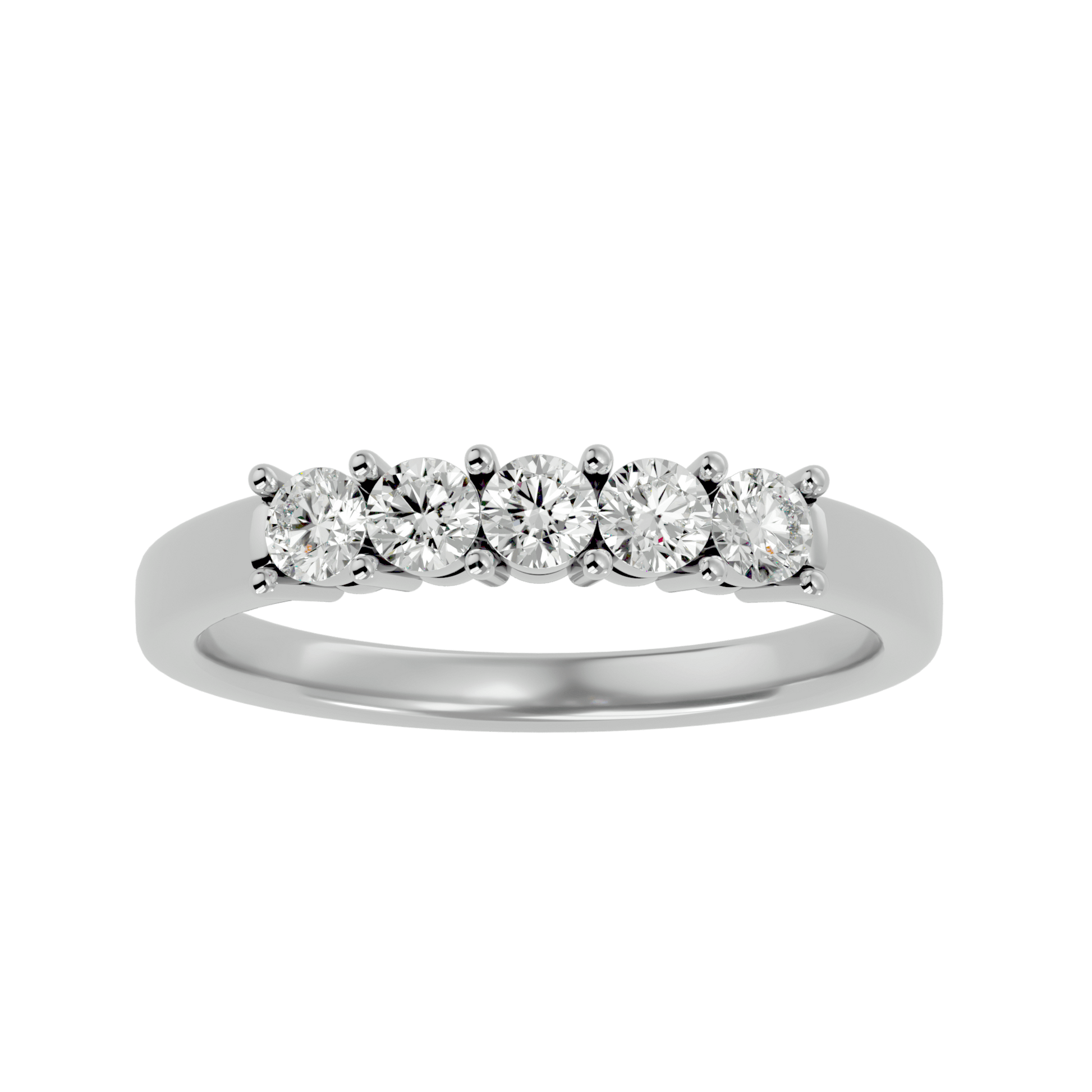 Dominique– The Five-Stone Basket Set Band — women's diamond wedding ring — cathedral — lab grown diamond and natural diamond — 18k white gold and platinum — Carat House