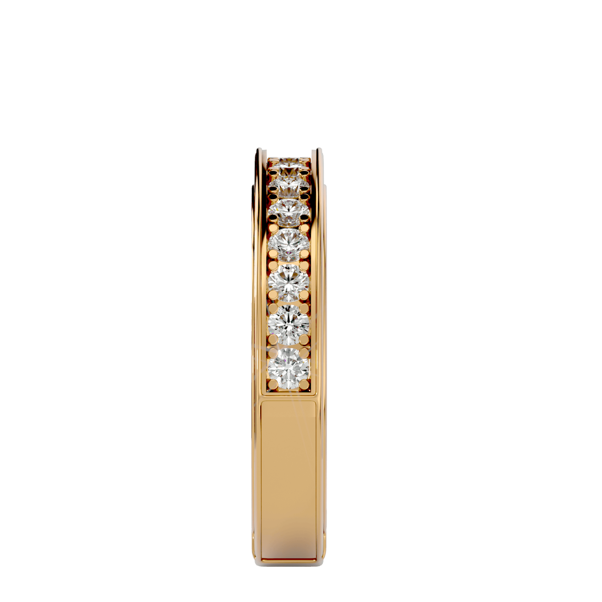 Channel-set shared prong eternity band by Carat House Dubai with sparkling diamonds and sleek gold design.
