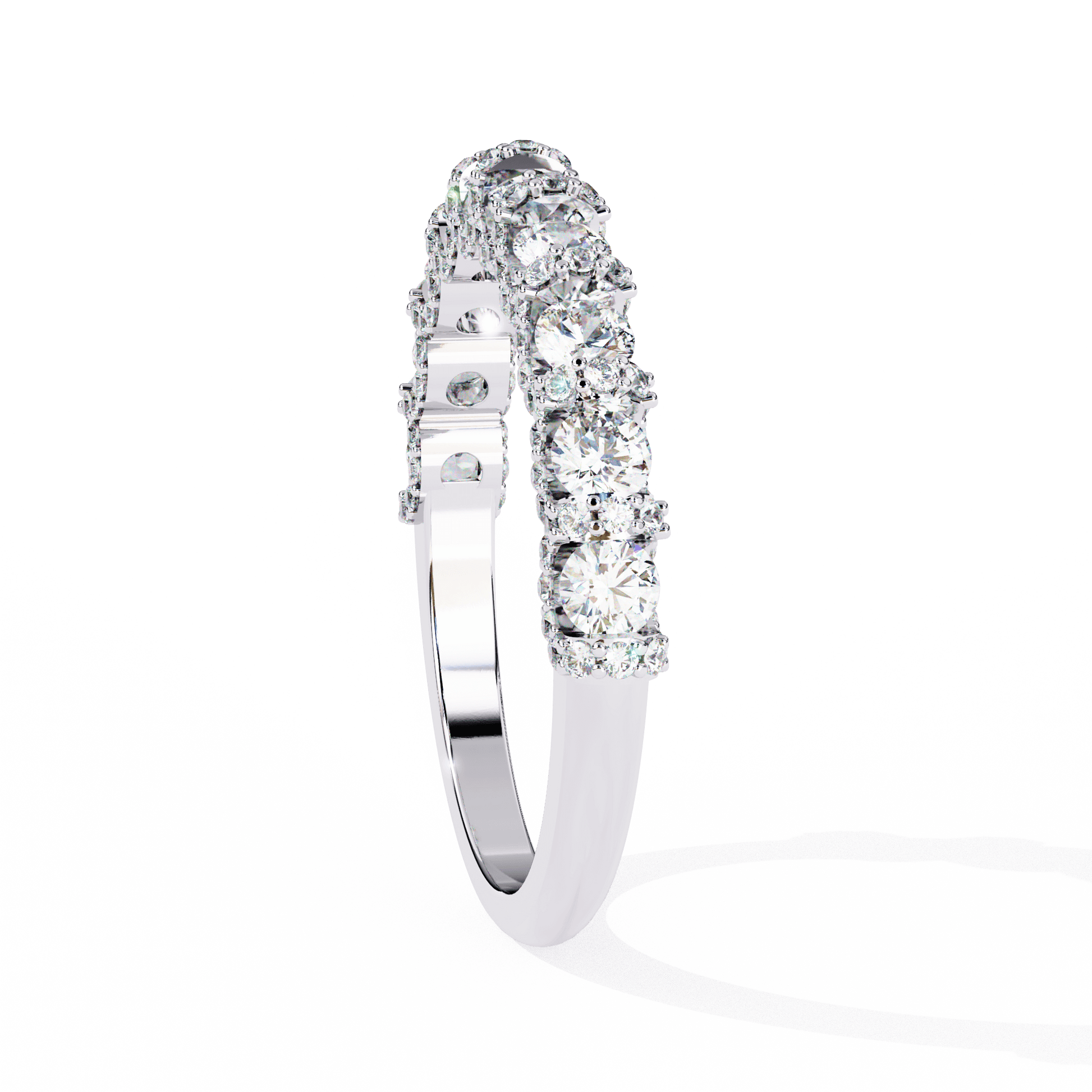 Violetta U-prong diamond eternity band by Carat House Dubai showing a continuous row of sparkling diamonds on a platinum band.