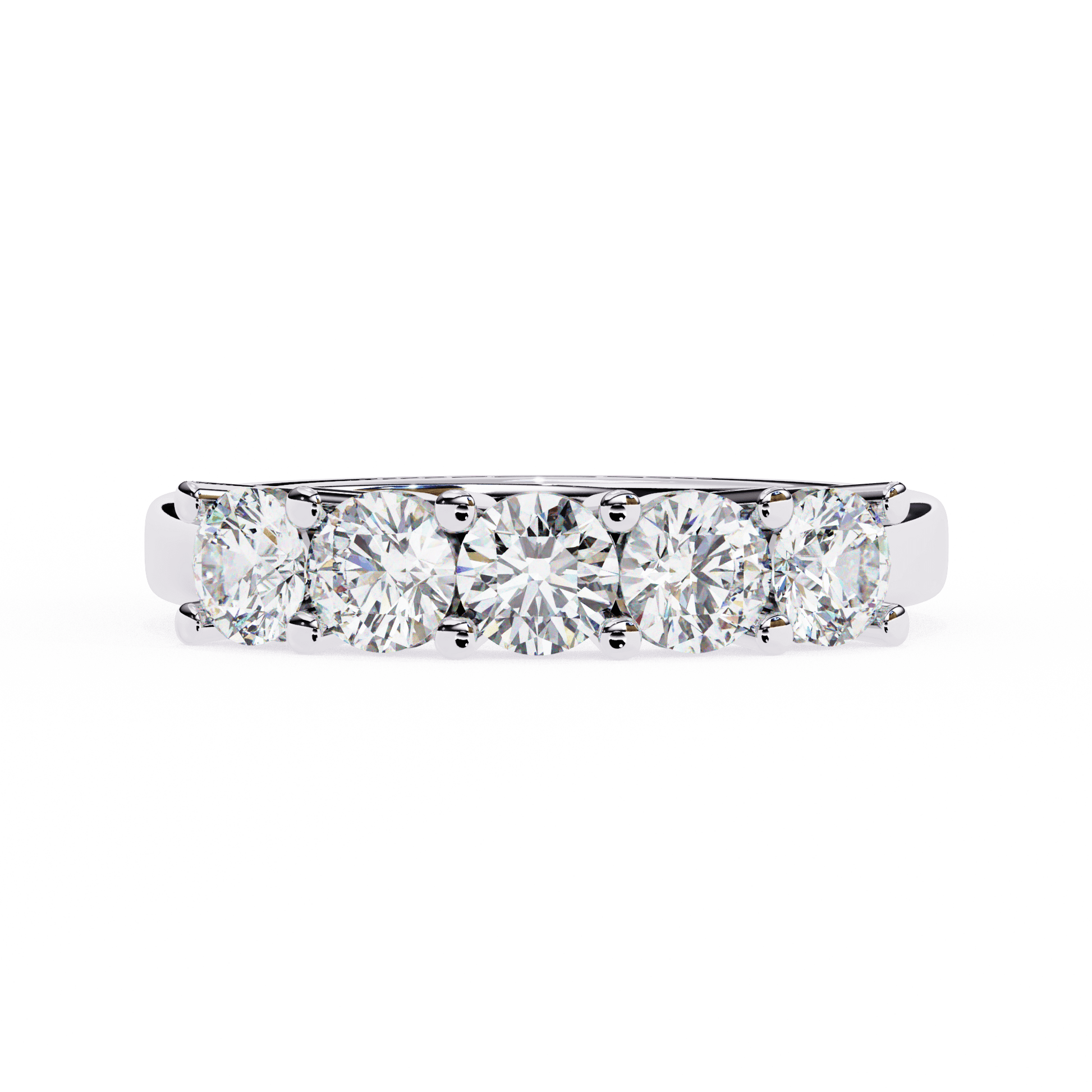 Carmella– The Five-Stone Shared Prong Band — women's diamond wedding ring — shared prong — lab grown diamond and natural diamond — 18k white gold and platinum — Carat House
