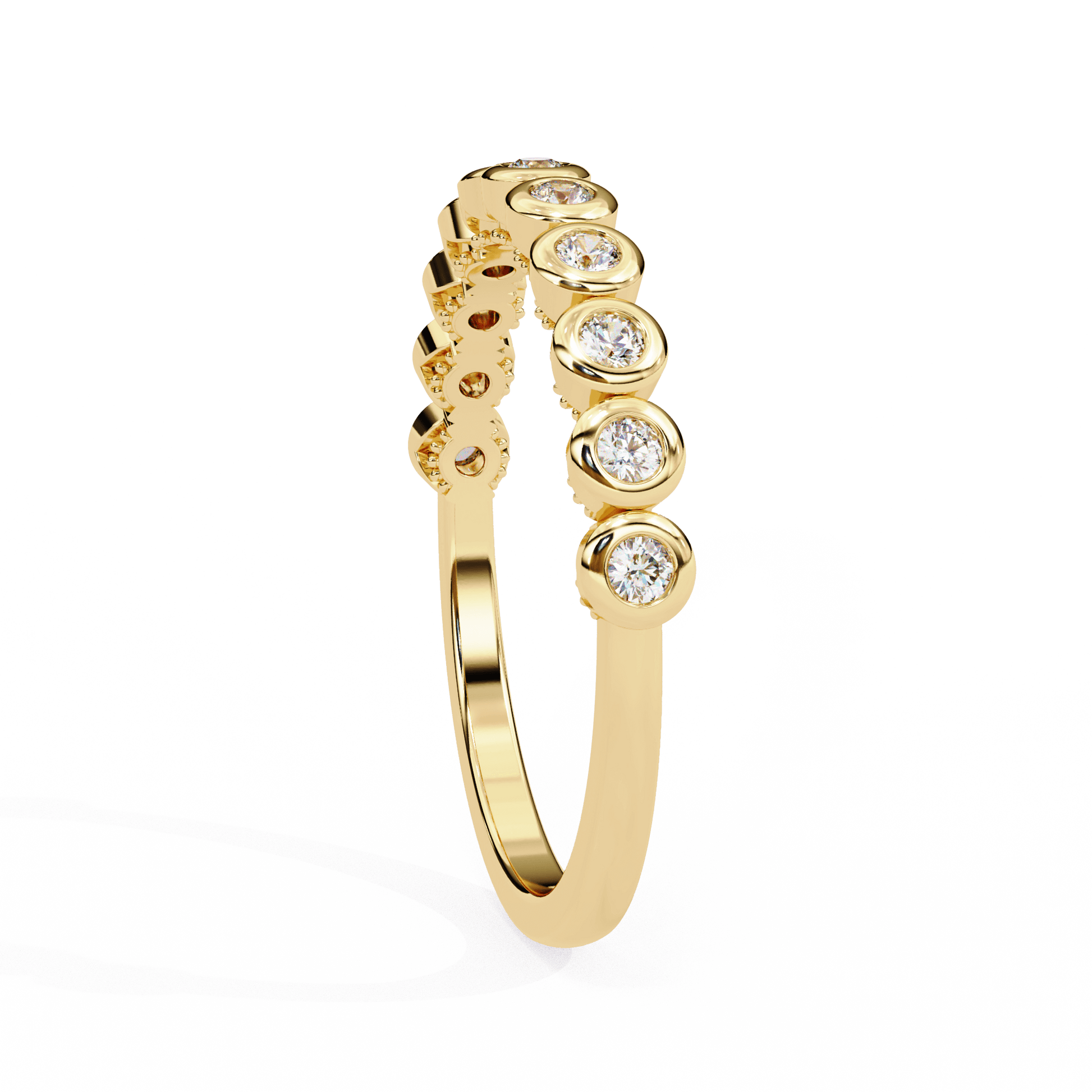 Bezel-set round diamond band by Carat House Dubai, showcasing a sleek gold ring with sparkling diamonds in a modern design.