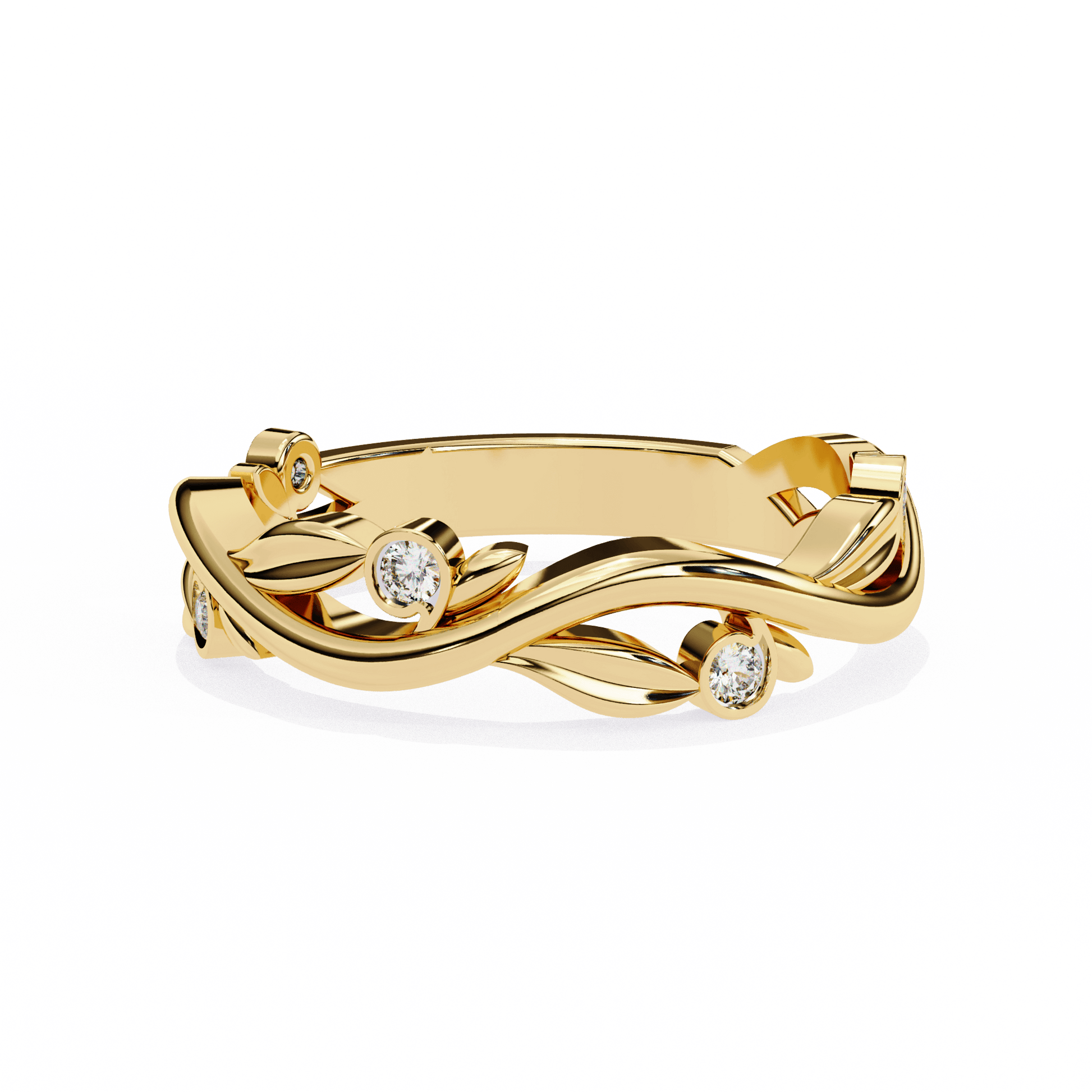 Vine-inspired diamond band by Carat House Dubai featuring intricate floral design and sparkling diamonds on a sleek gold band.