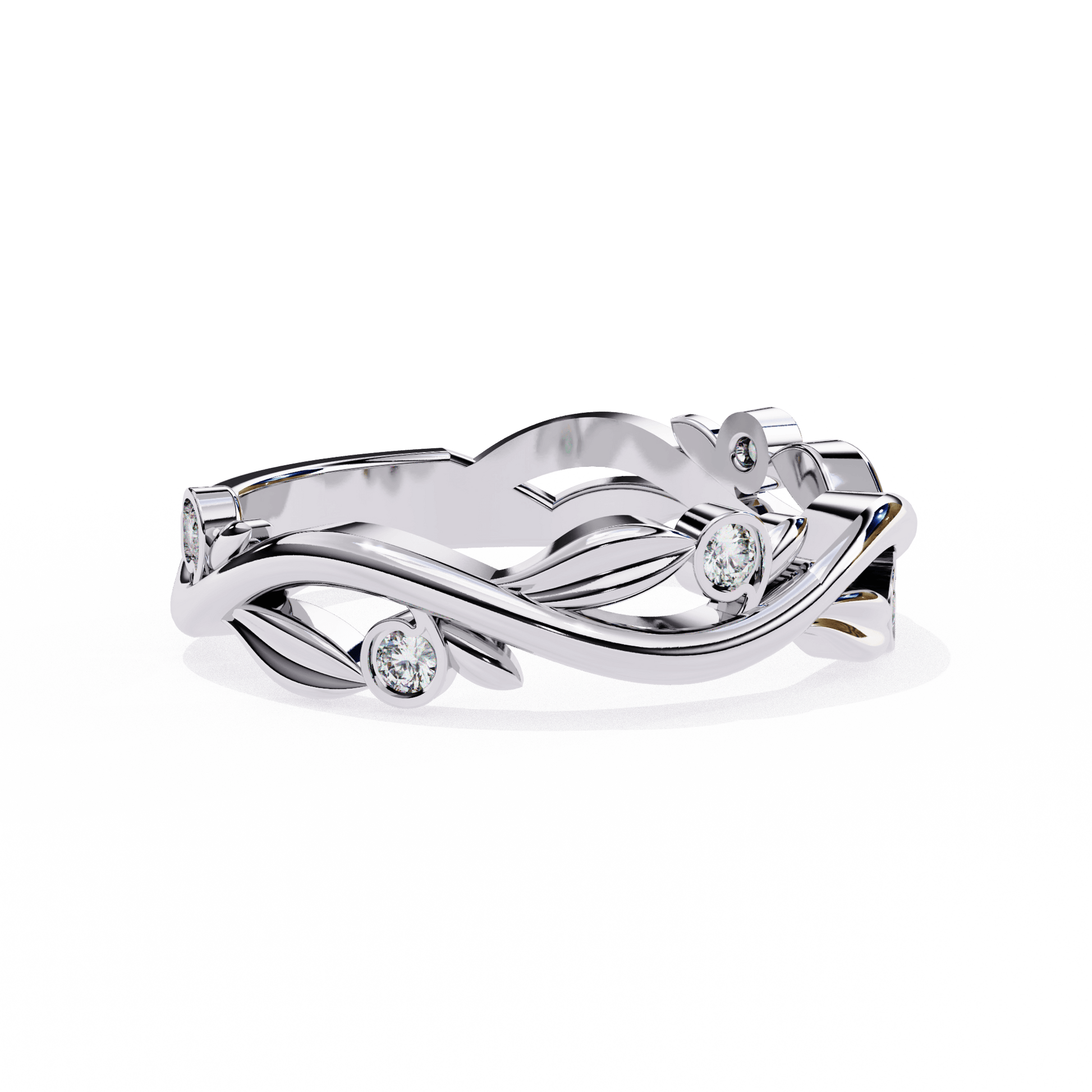 Vine-inspired diamond band with intricate floral design by Carat House Dubai, showcasing sparkling diamonds on a delicate gold band.