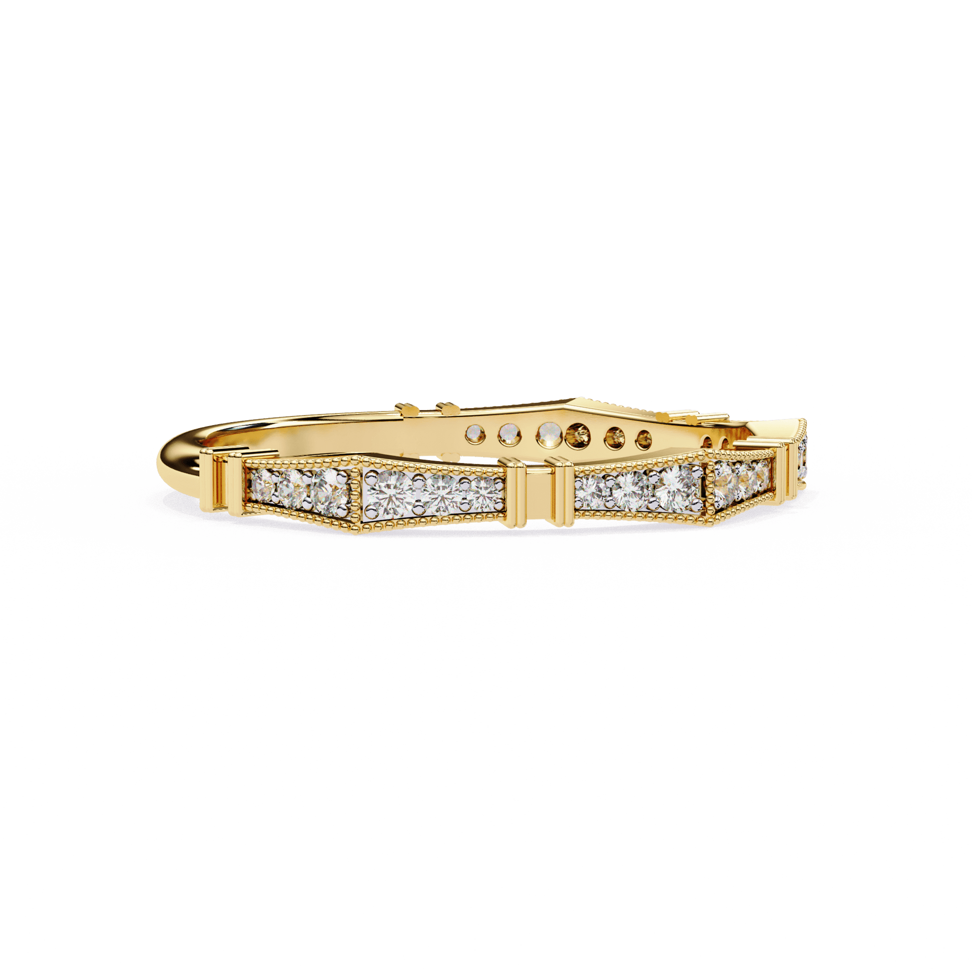 Close-up of Carat House Dubai's Matilda milgrain pavé band featuring sculpted notches and intricate detailing.