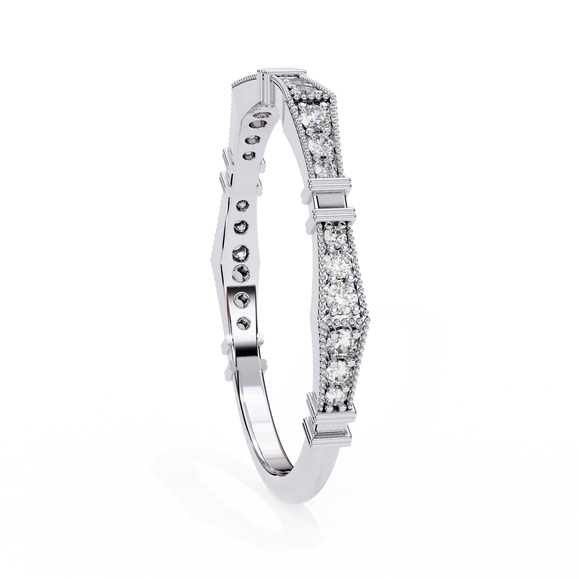 Matilda Milgrain Pavé band with sculpted notches by Carat House Dubai, showcasing intricate detailing and sparkling pavé stones.