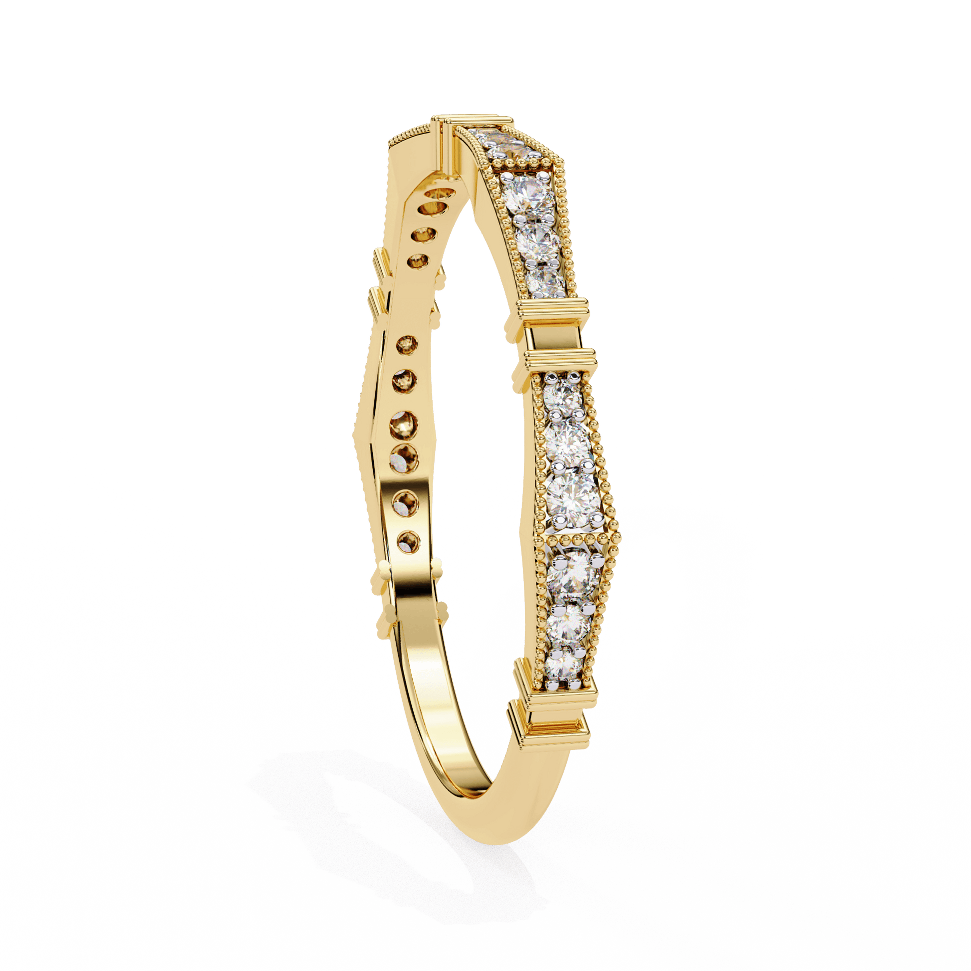 Carat House Dubai Matilda Milgrain Pavé band with sculpted notches, showcasing intricate gemstone setting and detailed metalwork.
