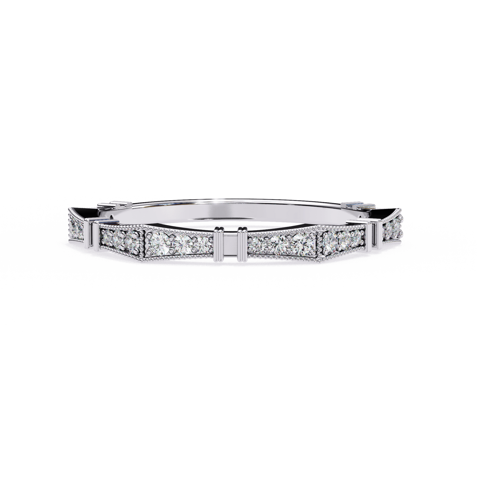 Matilda – Milgrain Pave Band with Sculpted Notches — women's diamond wedding ring — pave, milgrain — lab grown diamond and natural diamond — 18k white gold and platinum — Carat House