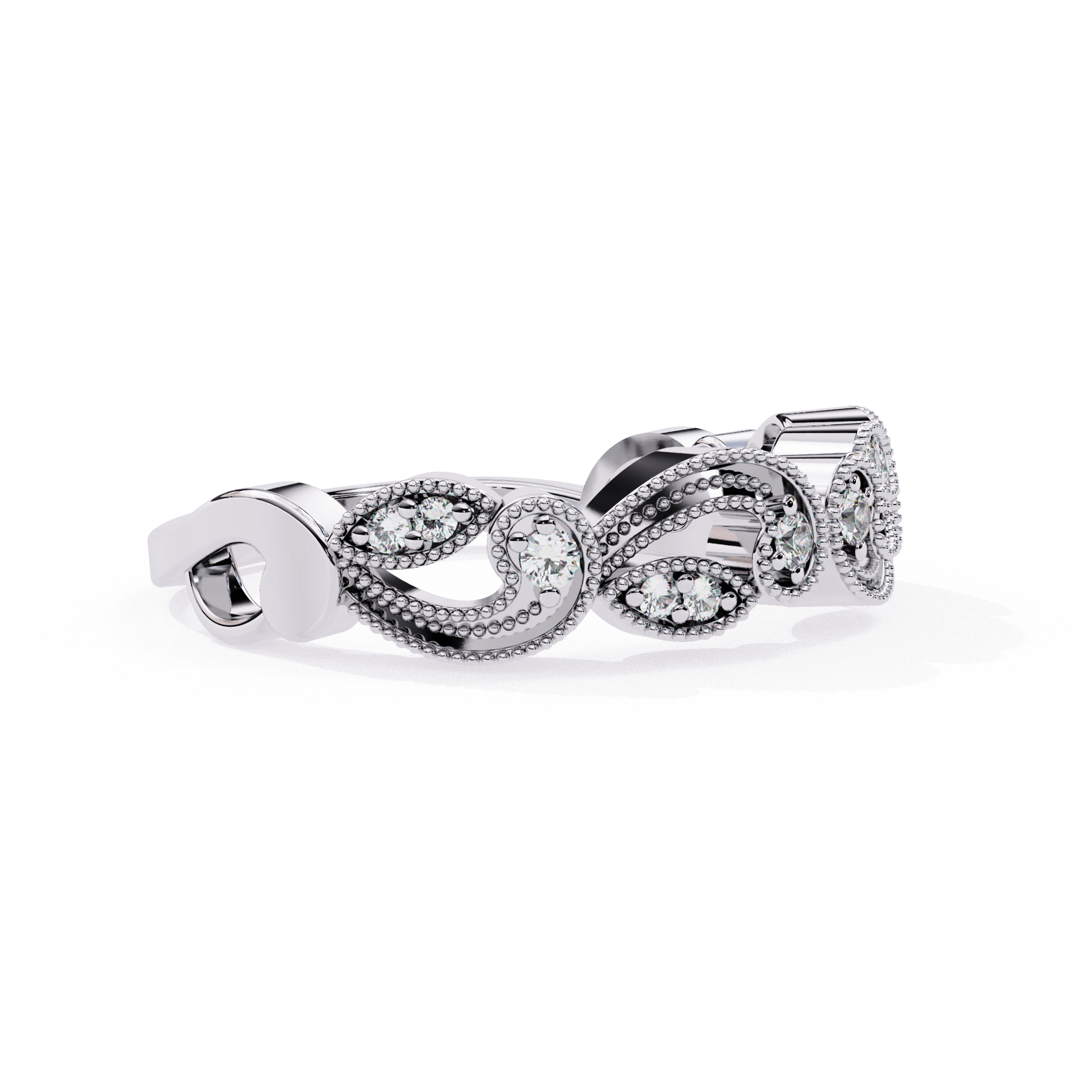 Close-up of the Florence Milgrain Vine Band by Carat House Dubai, showcasing intricate milgrain detailing on a elegant gold ring.