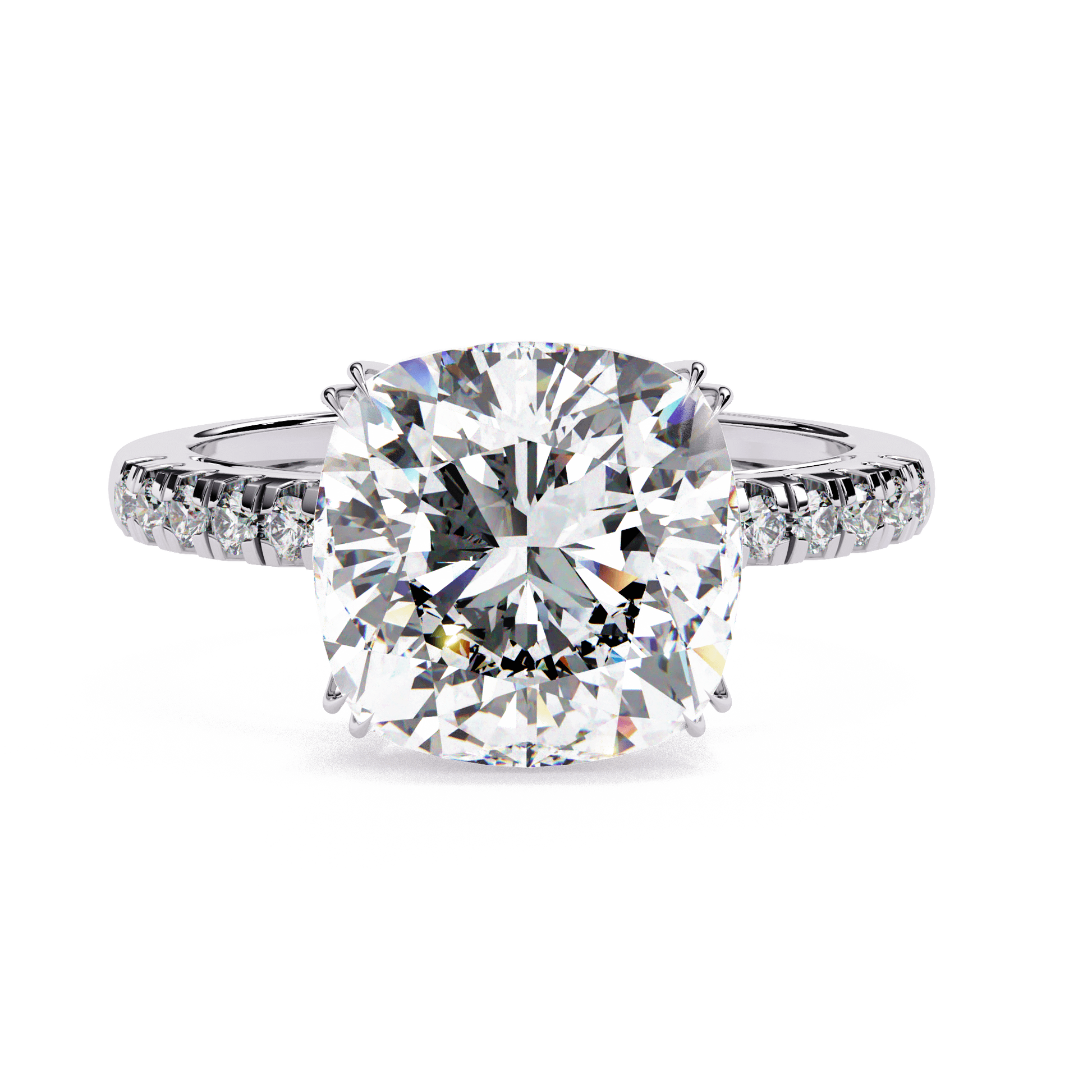 Alexandra — Cushion cut lab grown and natural diamond engagement ring — eight prong, pavé band — 18k white gold and platinum — Carat House