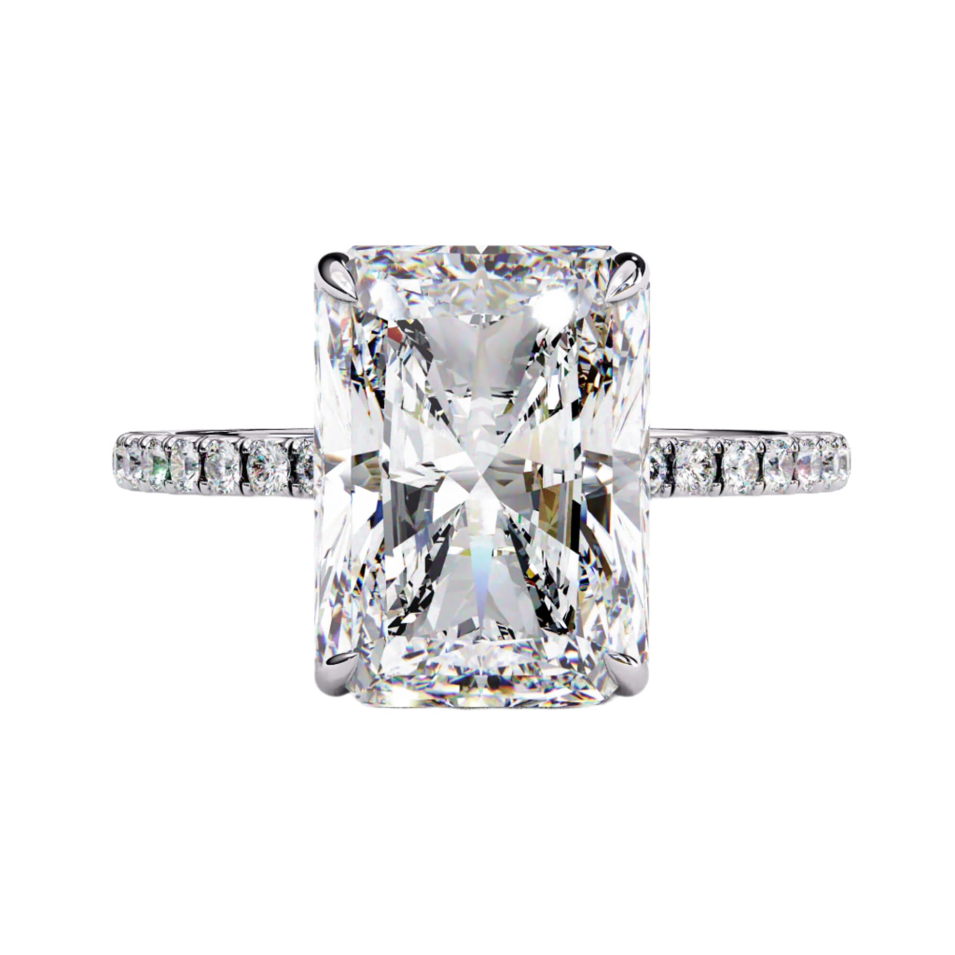 Allegra — Radiant cut lab grown and natural diamond engagement ring — hidden halo, slim half pavé band — 18k white gold and platinum — Carat House