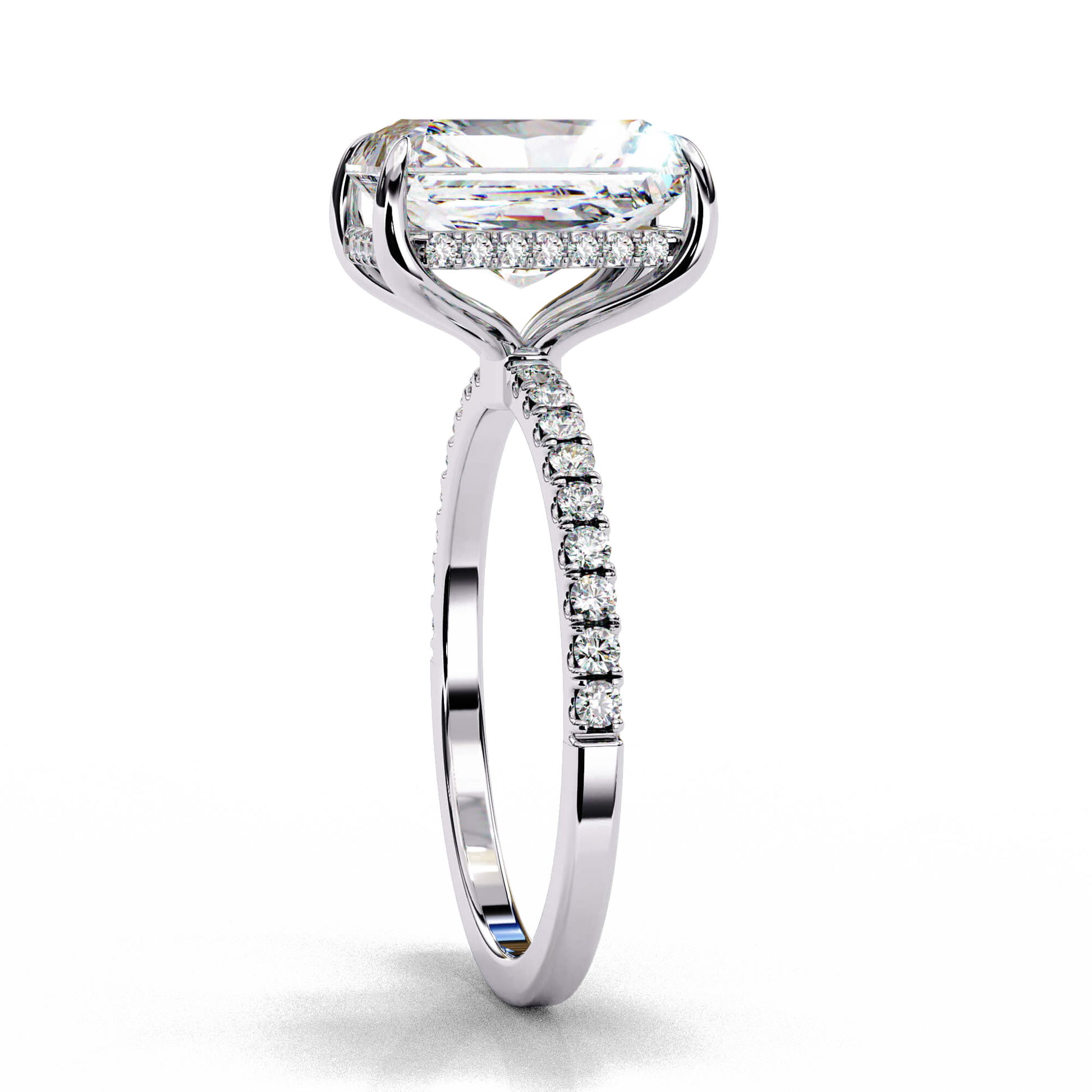 Allegra — Radiant cut lab grown and natural diamond engagement ring — hidden halo, slim half pavé band — Carat House