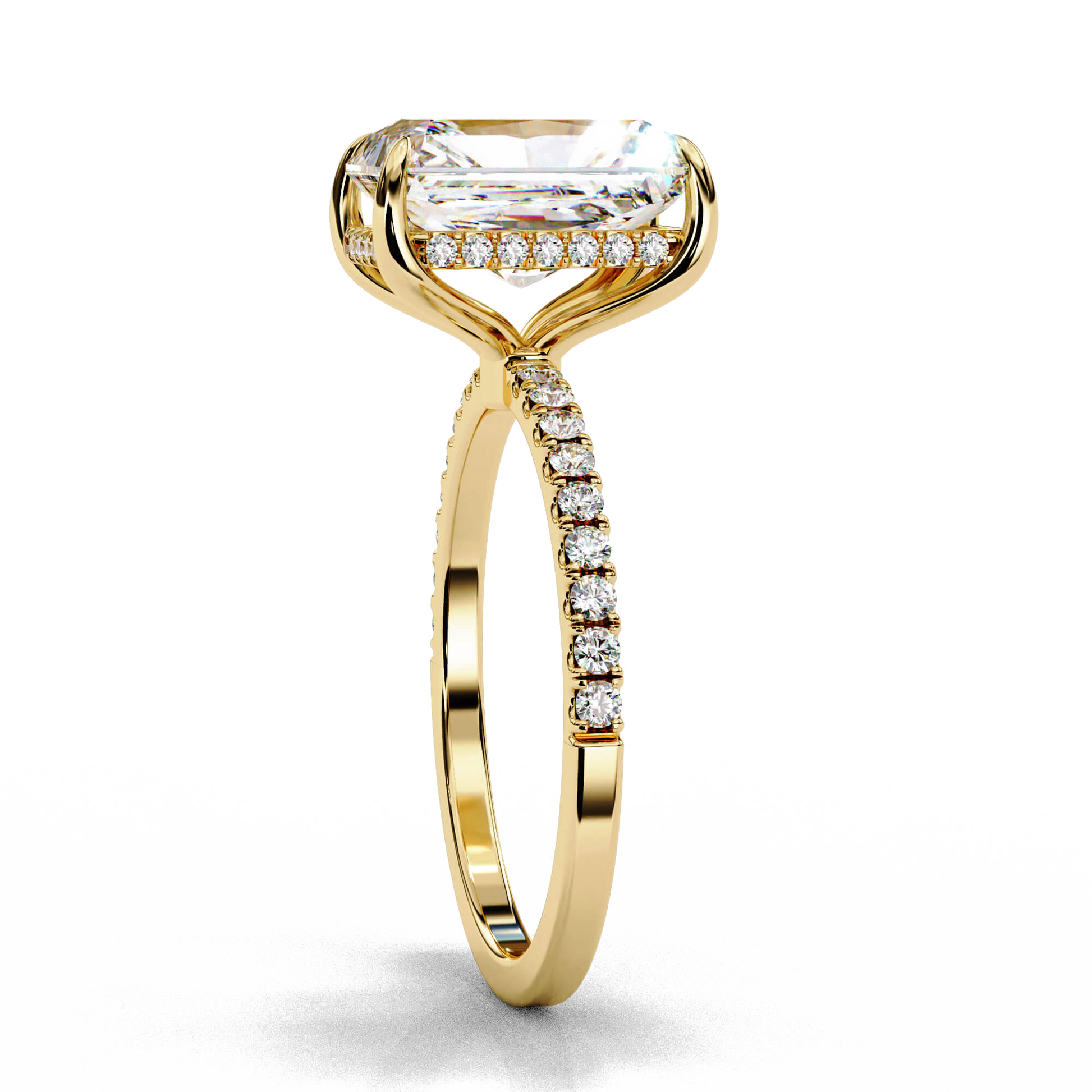 Allegra — Radiant cut lab grown and natural diamond engagement ring — hidden halo, slim half pavé band — Carat House