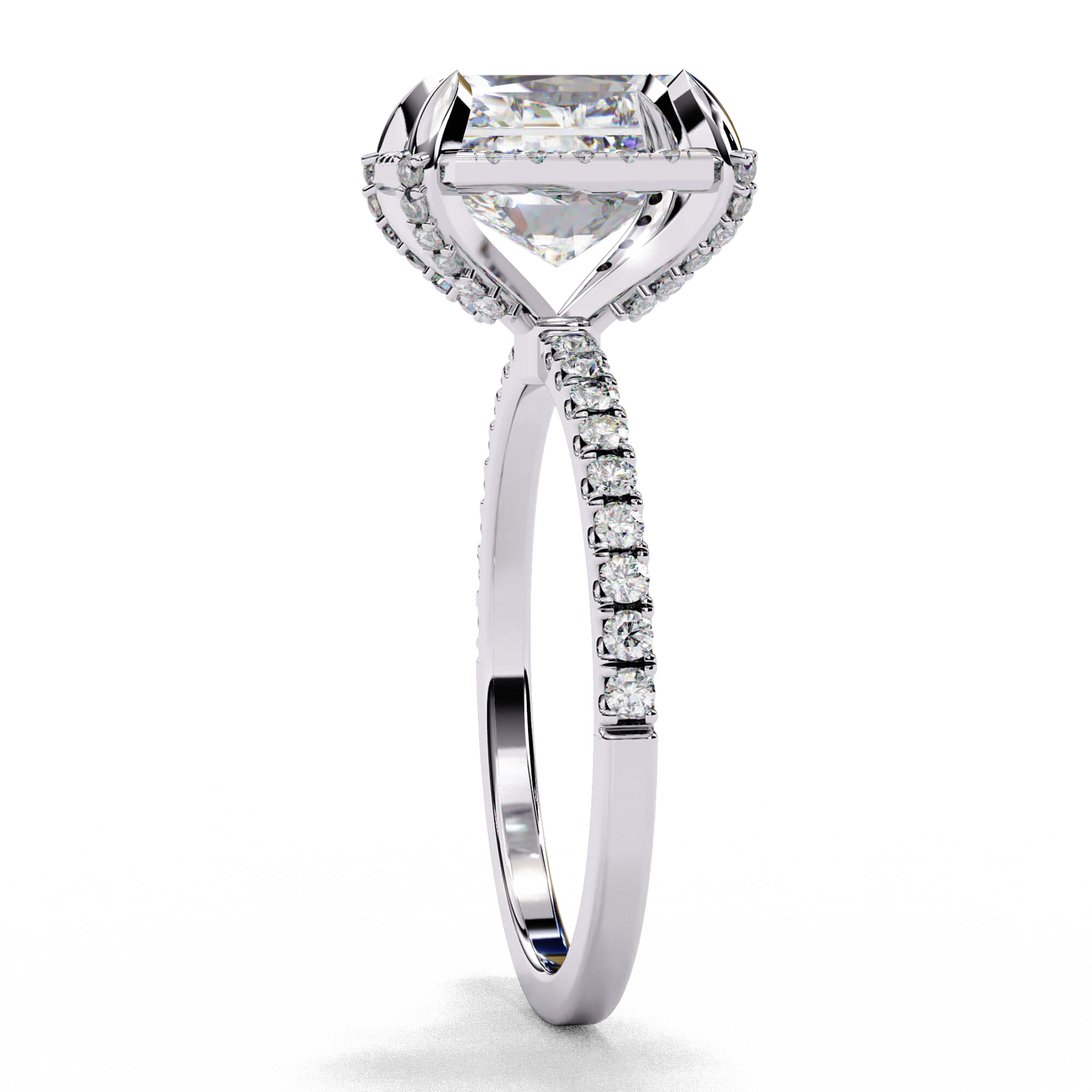 Amara — Radiant cut lab grown and natural diamond engagement ring — single halo, diamond prong setting, two tone, half pavé band — Carat House