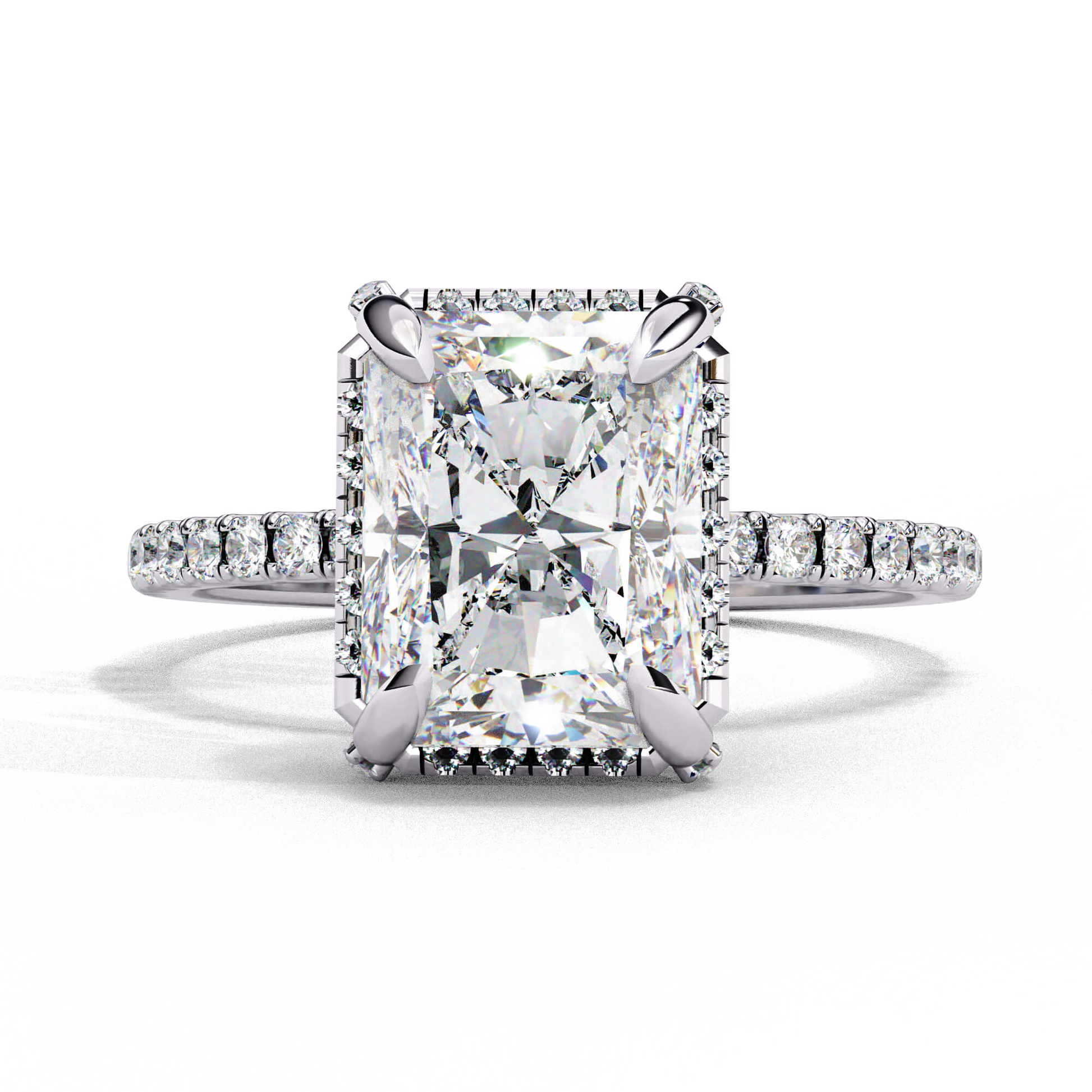 Amara — Radiant cut lab grown and natural diamond engagement ring — single halo, diamond prong setting, two tone, half pavé band — 18k white gold and platinum — Carat House