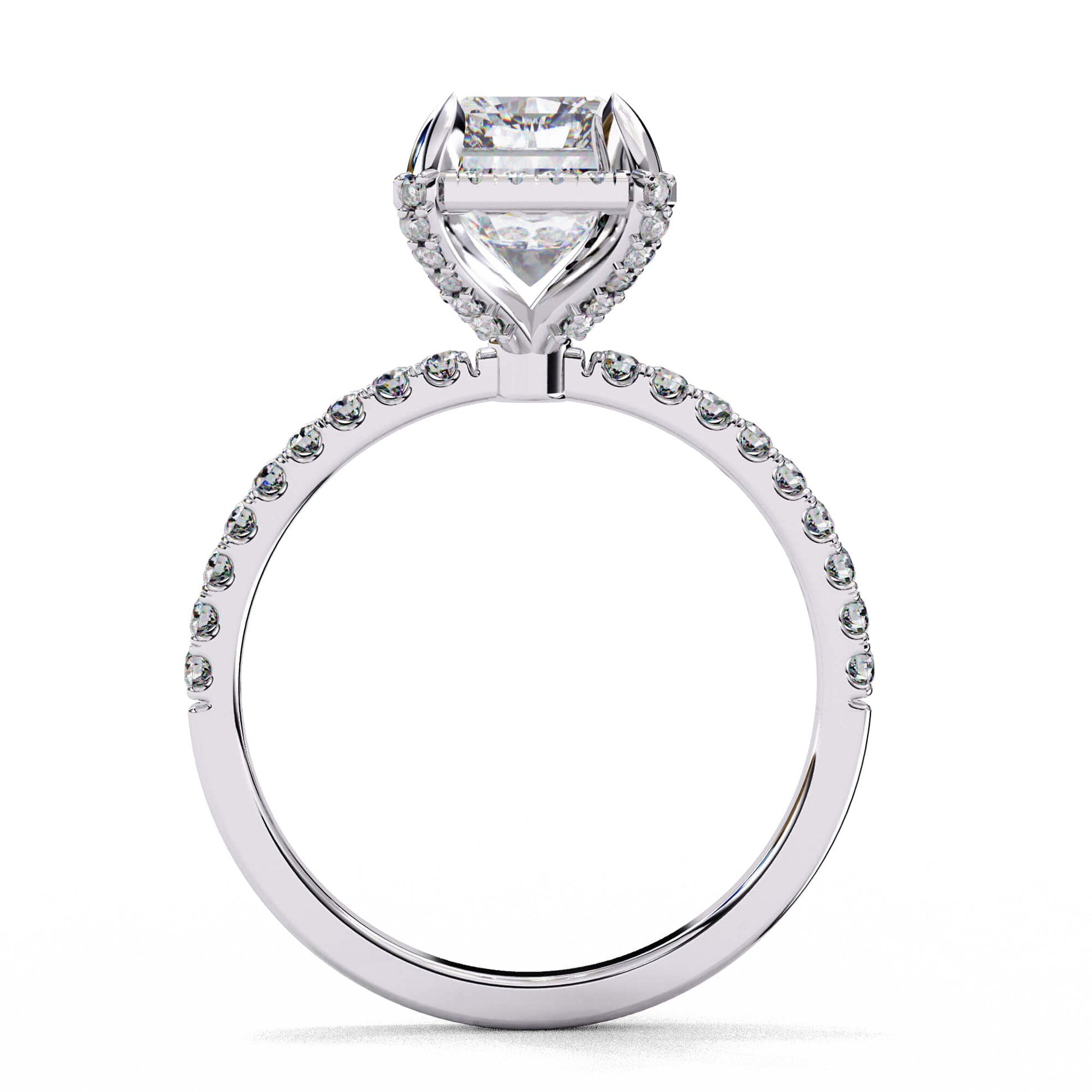 Amara — Radiant cut lab grown and natural diamond engagement ring — single halo, diamond prong setting, two tone, half pavé band — Carat House