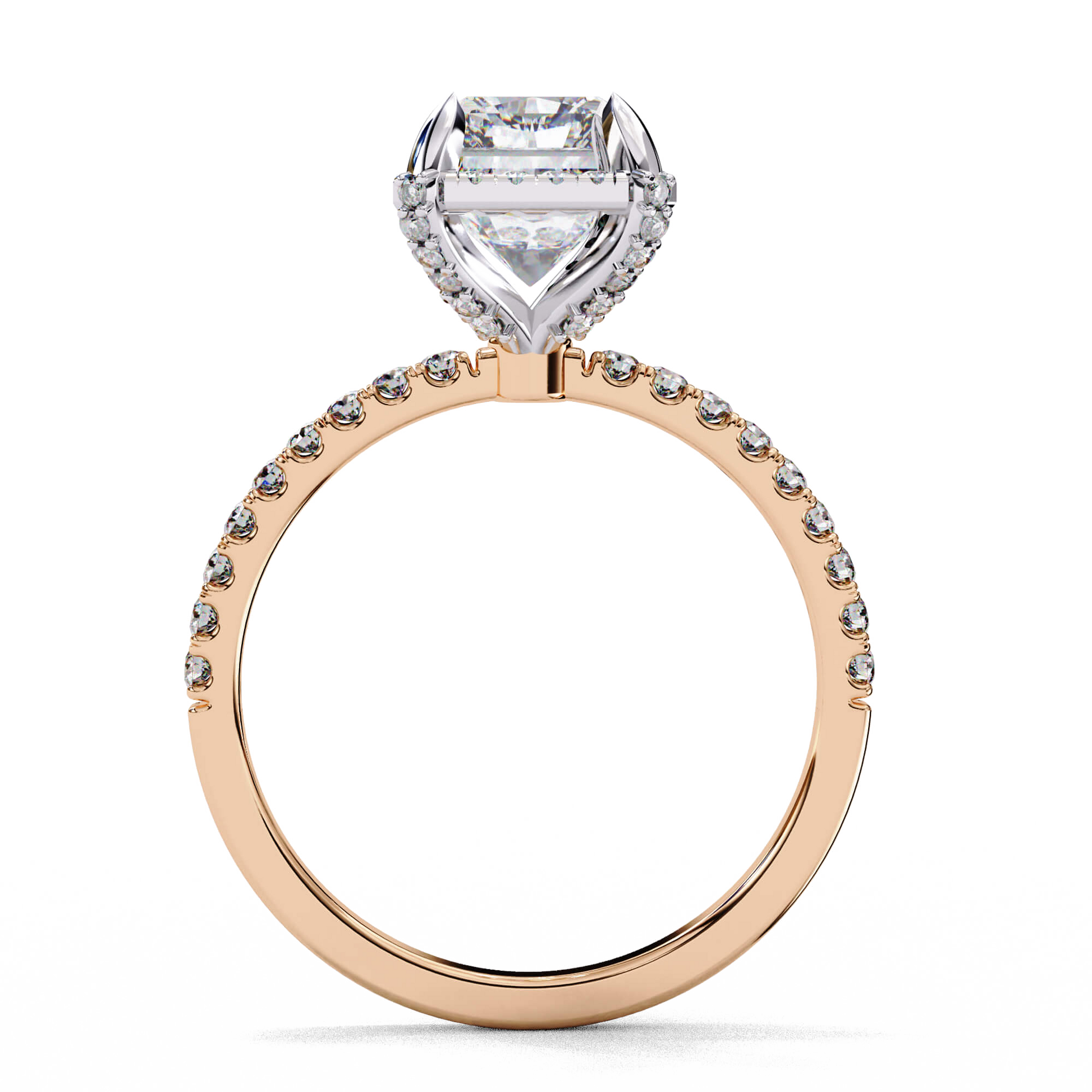 Amara — Radiant cut lab grown and natural diamond engagement ring — single halo, diamond prong setting, two tone, half pavé band — Carat House