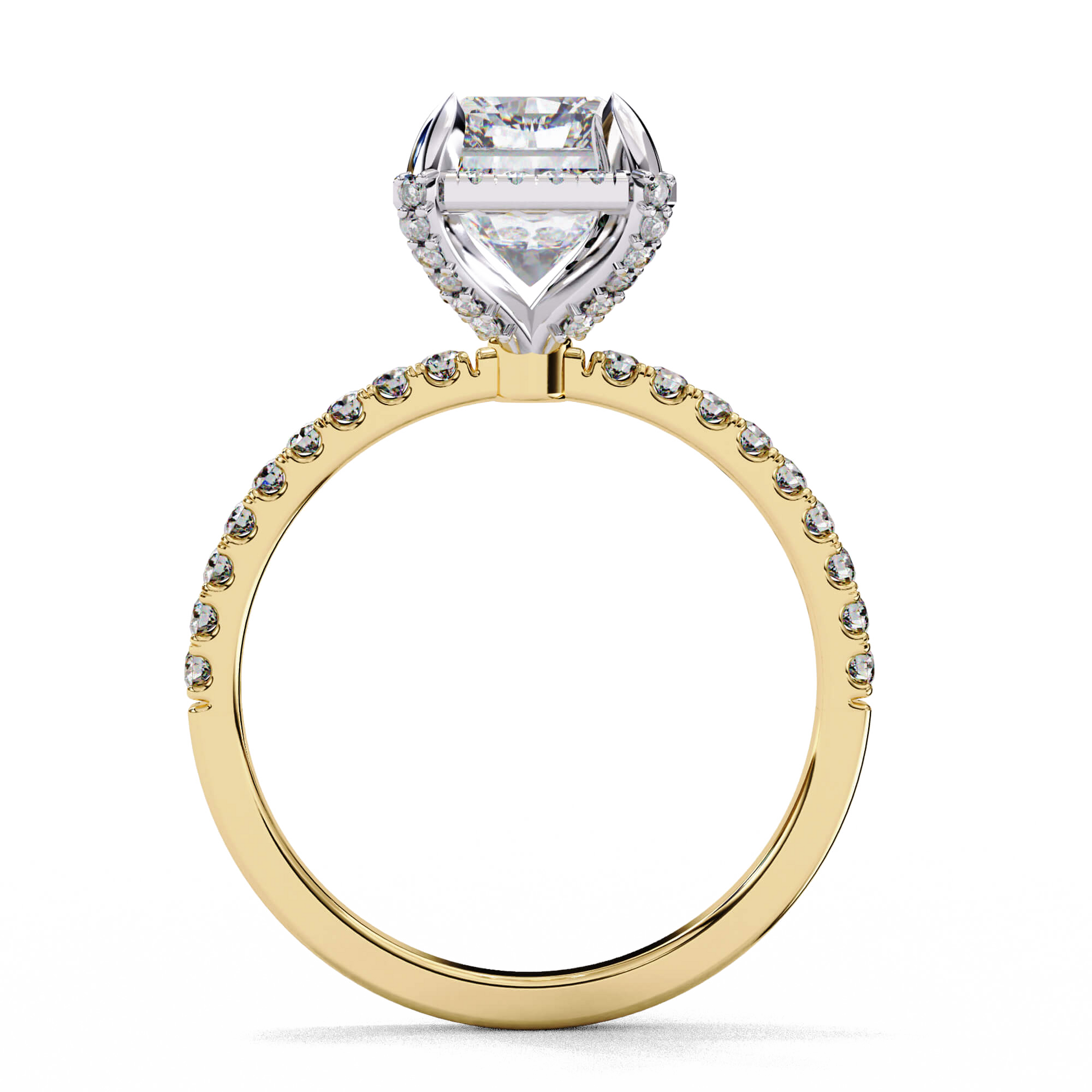 Amara — Radiant cut lab grown and natural diamond engagement ring — single halo, diamond prong setting, two tone, half pavé band — Carat House