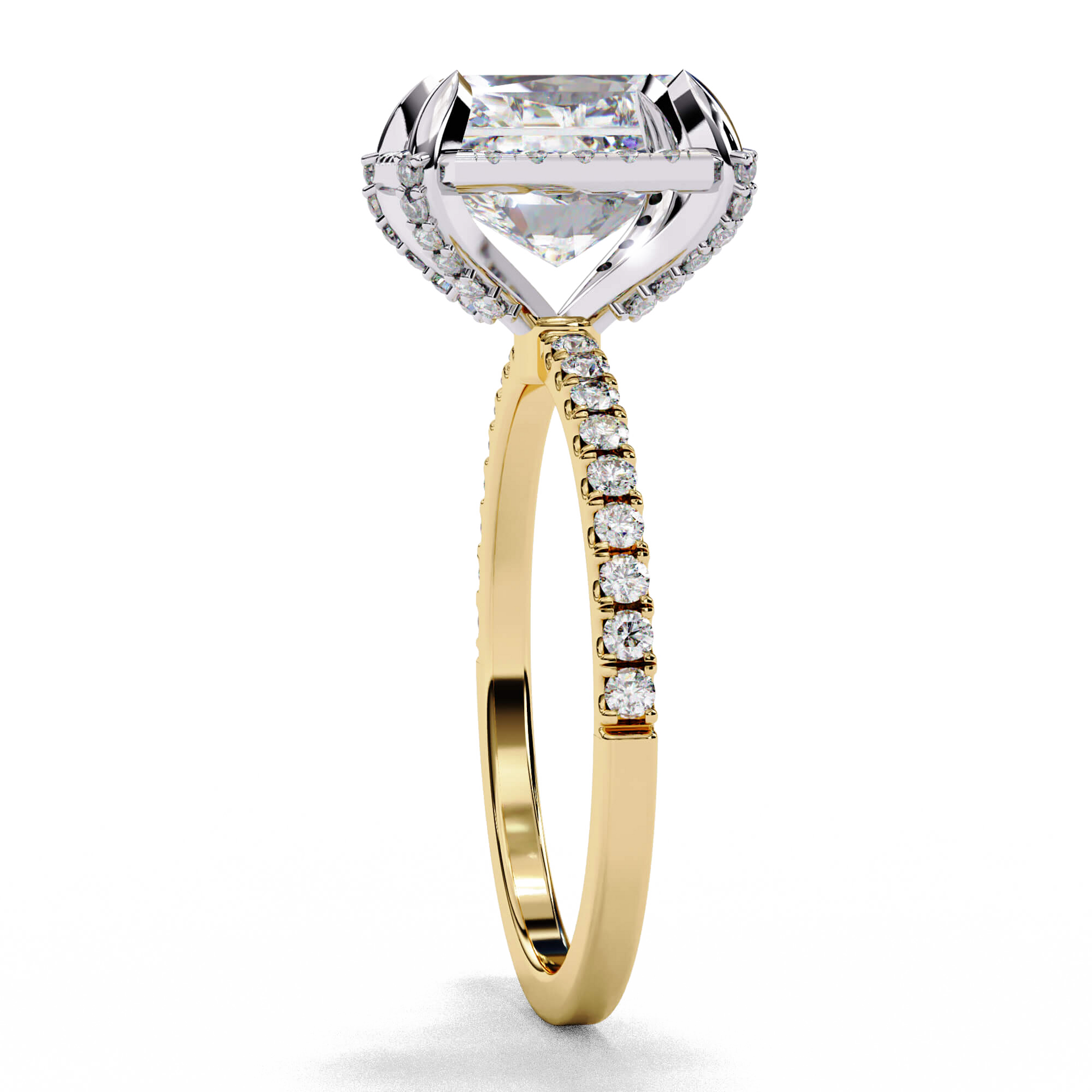 Amara — Radiant cut lab grown and natural diamond engagement ring — single halo, diamond prong setting, two tone, half pavé band — Carat House