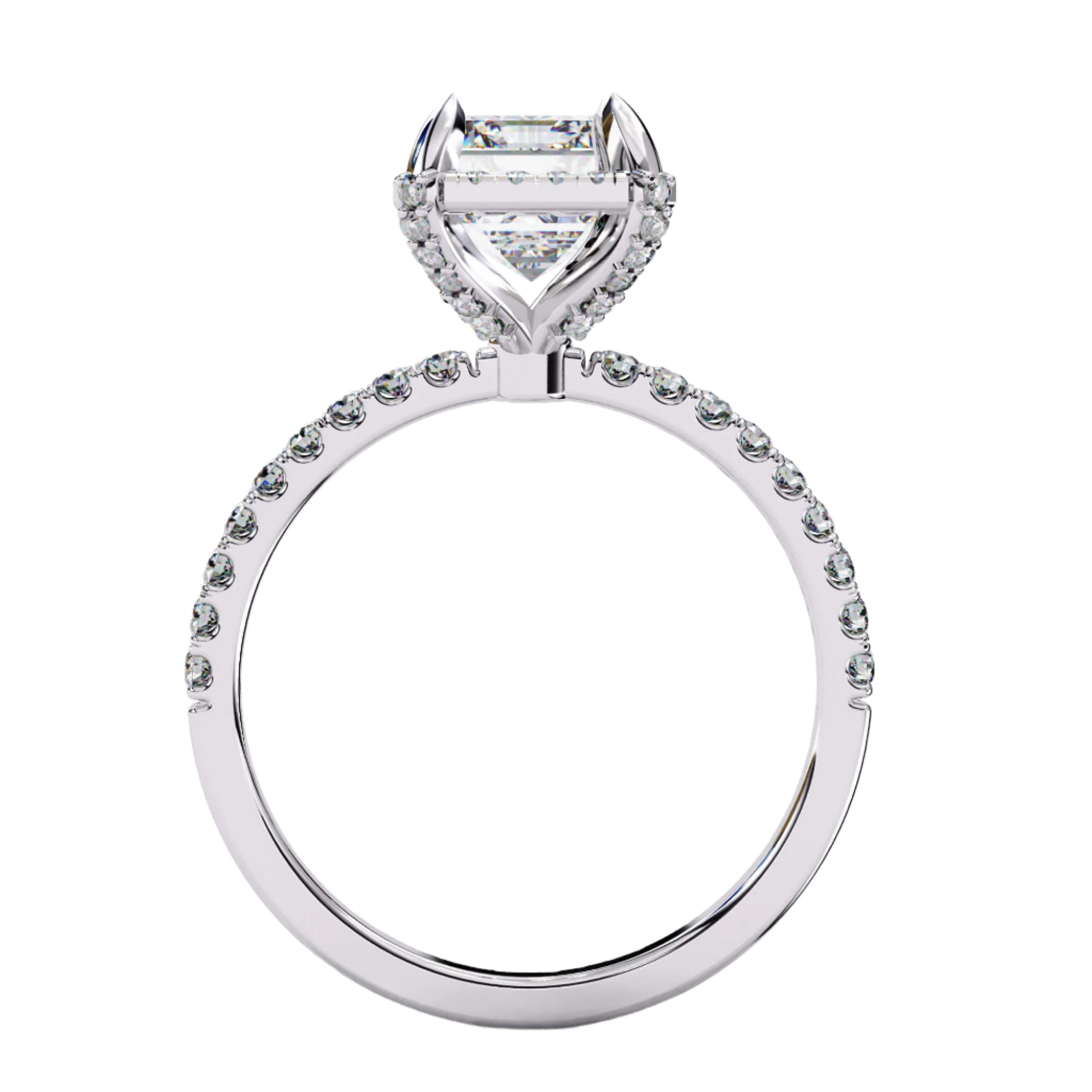 Anastasia — Emerald cut lab grown and natural diamond engagement ring — single halo, diamond prong setting, two tone, half pavé band — Carat House