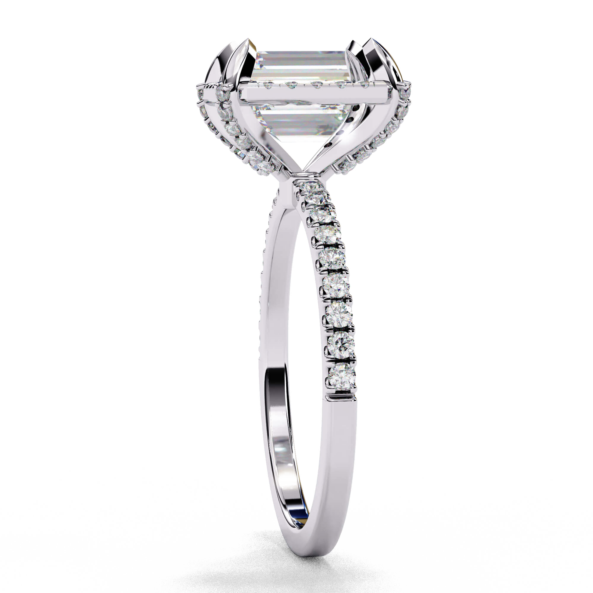 Anastasia — Emerald cut lab grown and natural diamond engagement ring — single halo, diamond prong setting, two tone, half pavé band — Carat House