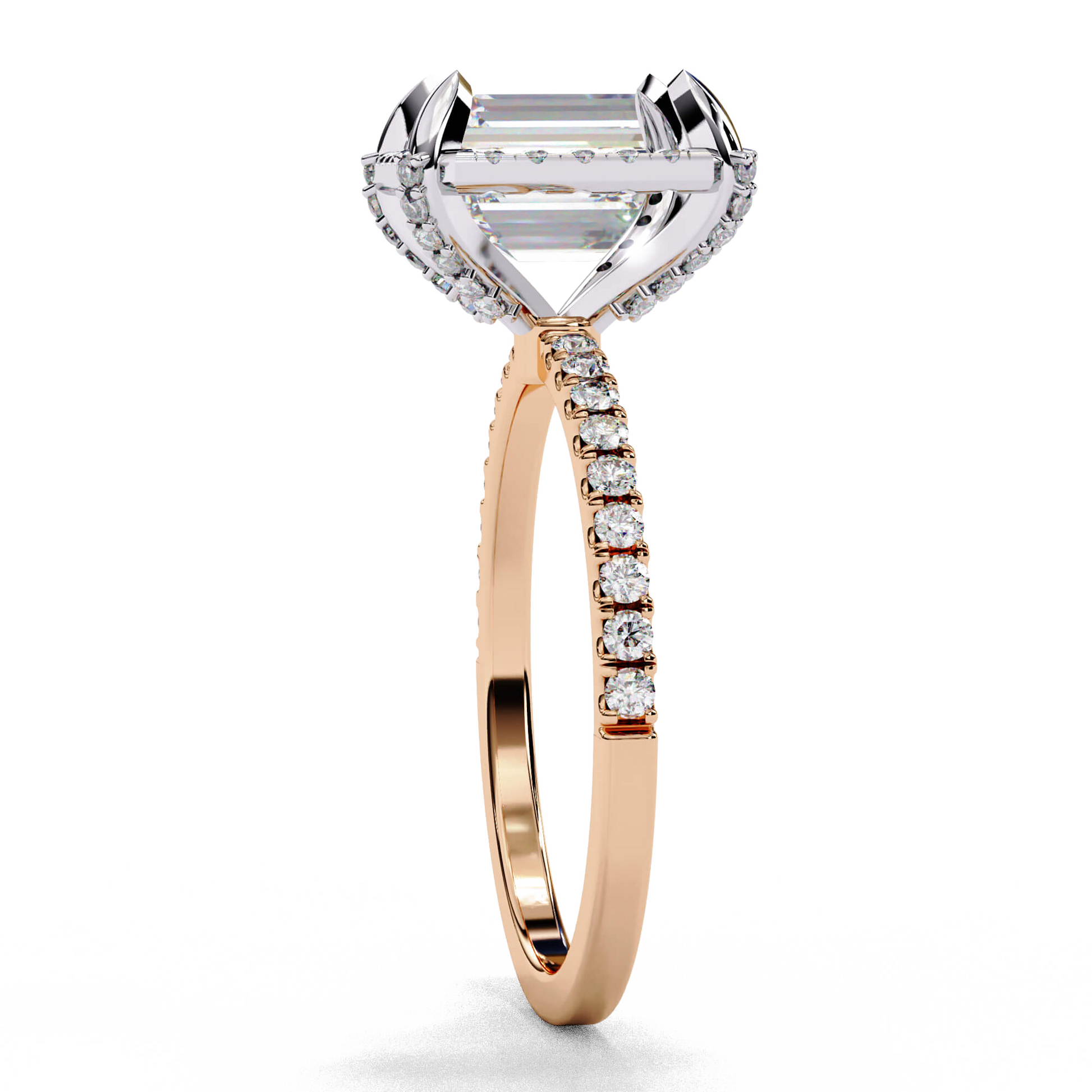 Anastasia — Emerald cut lab grown and natural diamond engagement ring — single halo, diamond prong setting, two tone, half pavé band — Carat House
