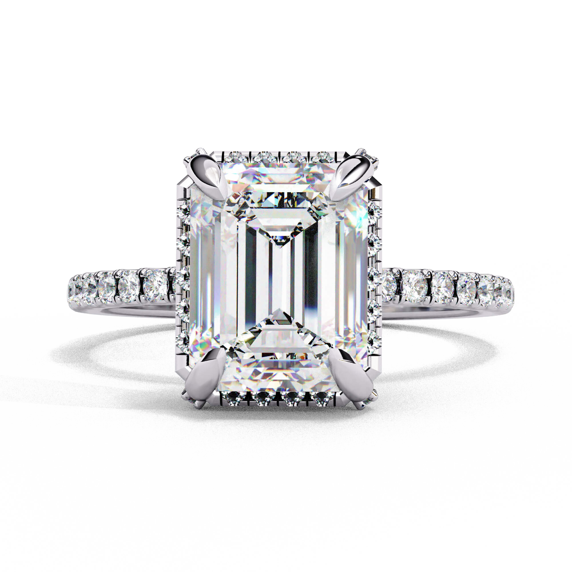 Anastasia — Emerald cut lab grown and natural diamond engagement ring — single halo, diamond prong setting, two tone, half pavé band — 18k white gold and platinum — Carat House