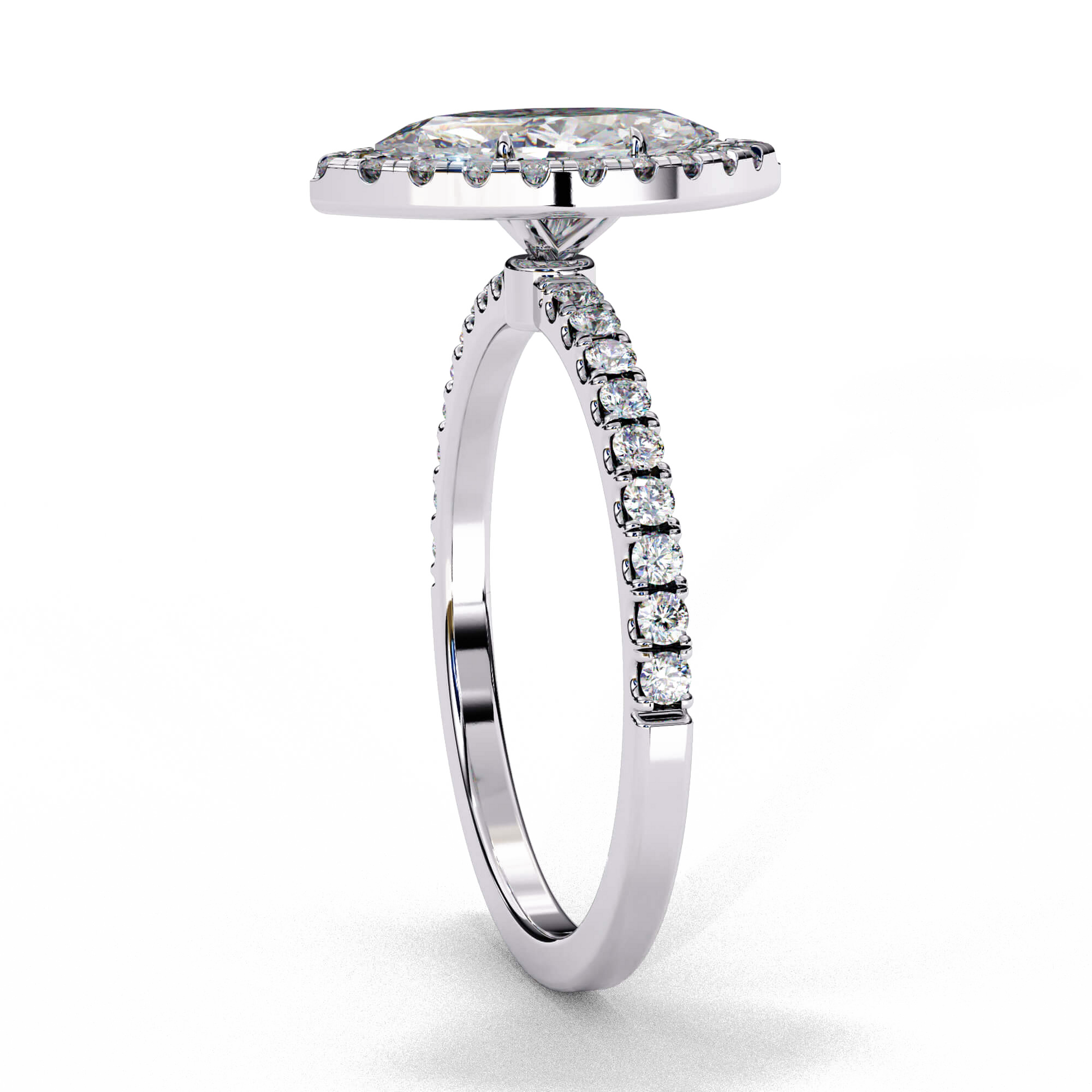 Angelica — Marquise cut lab grown and natural diamond engagement ring — single halo, two tone, half pavé band — Carat House