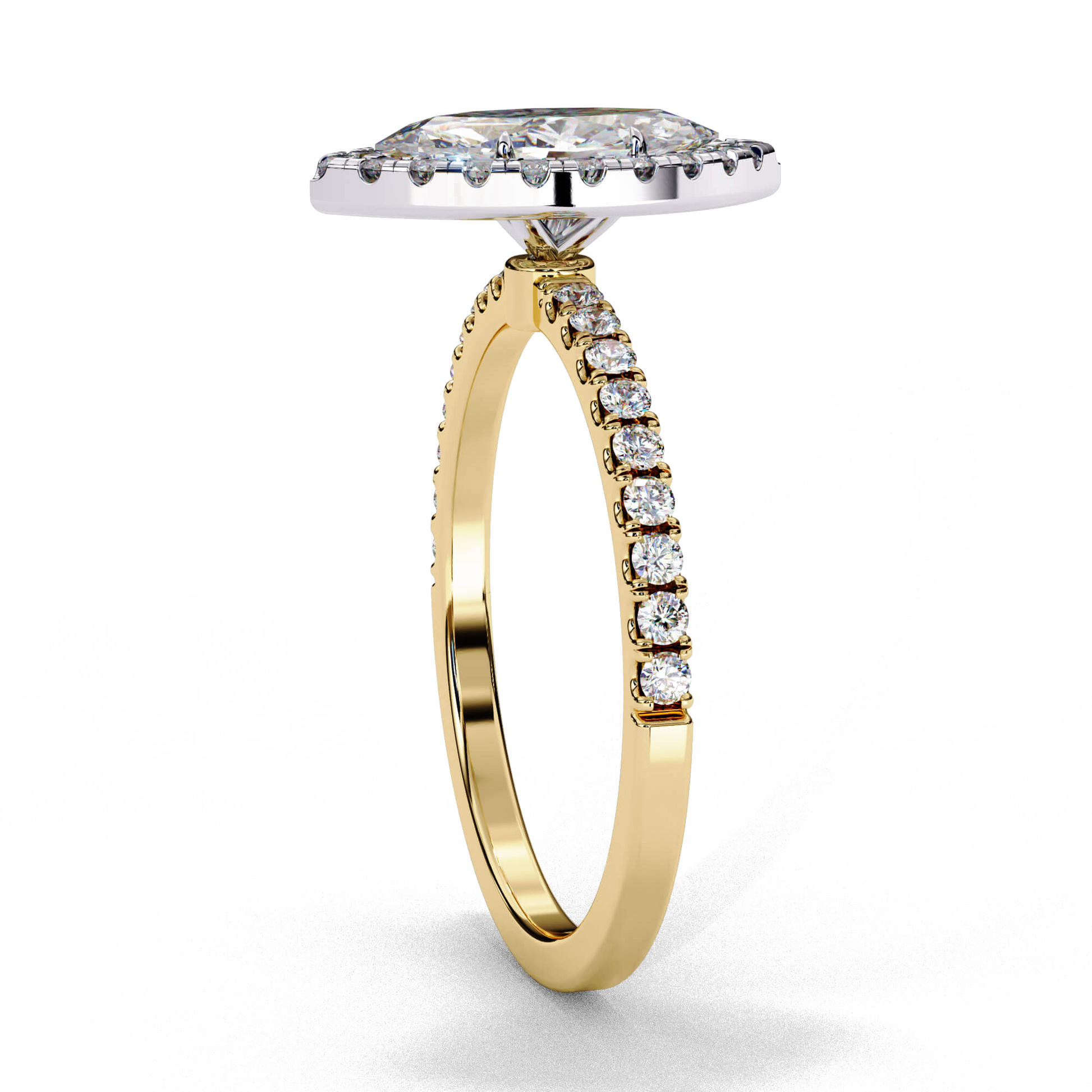Angelica — Marquise cut lab grown and natural diamond engagement ring — single halo, two tone, half pavé band — Carat House