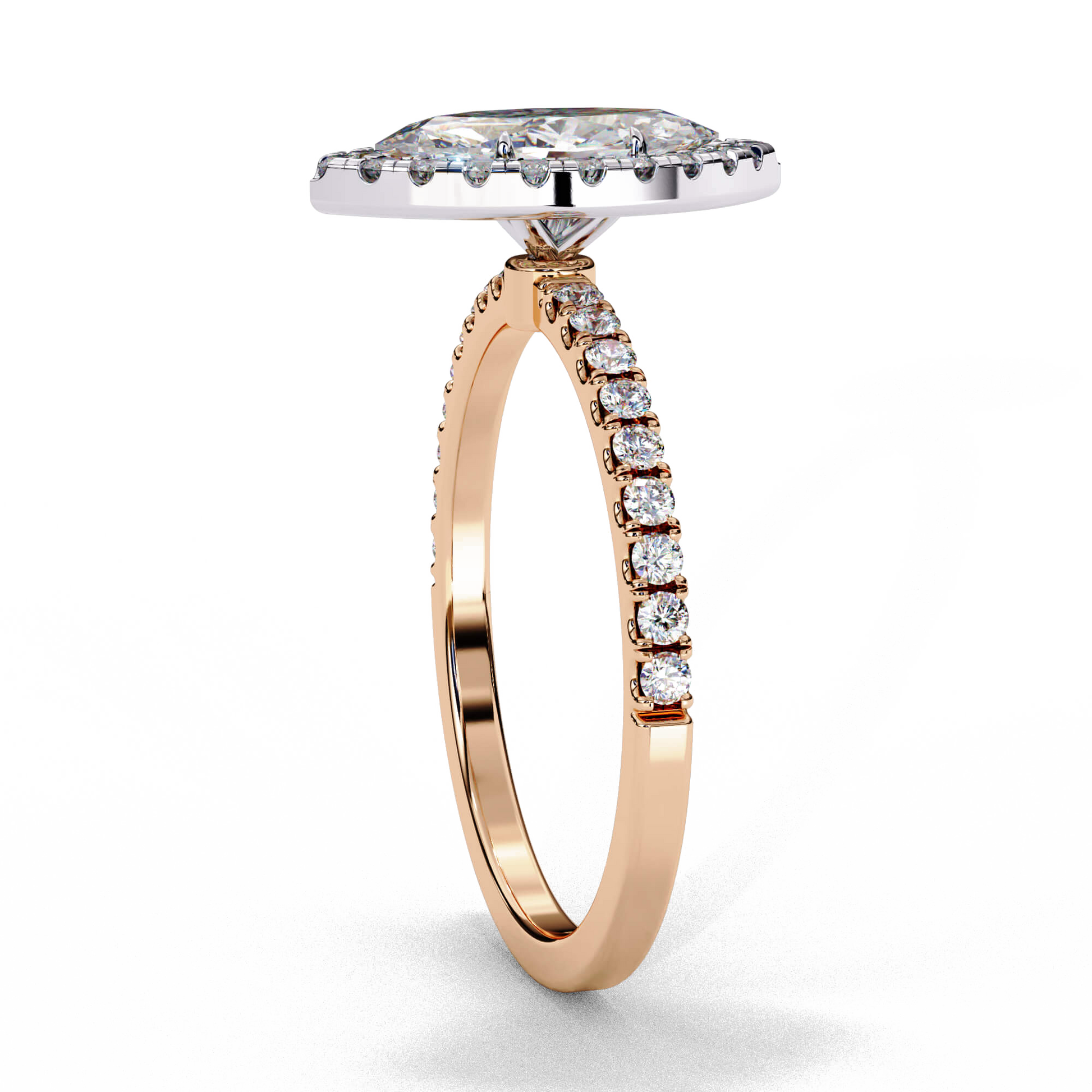 Angelica — Marquise cut lab grown and natural diamond engagement ring — single halo, two tone, half pavé band — Carat House