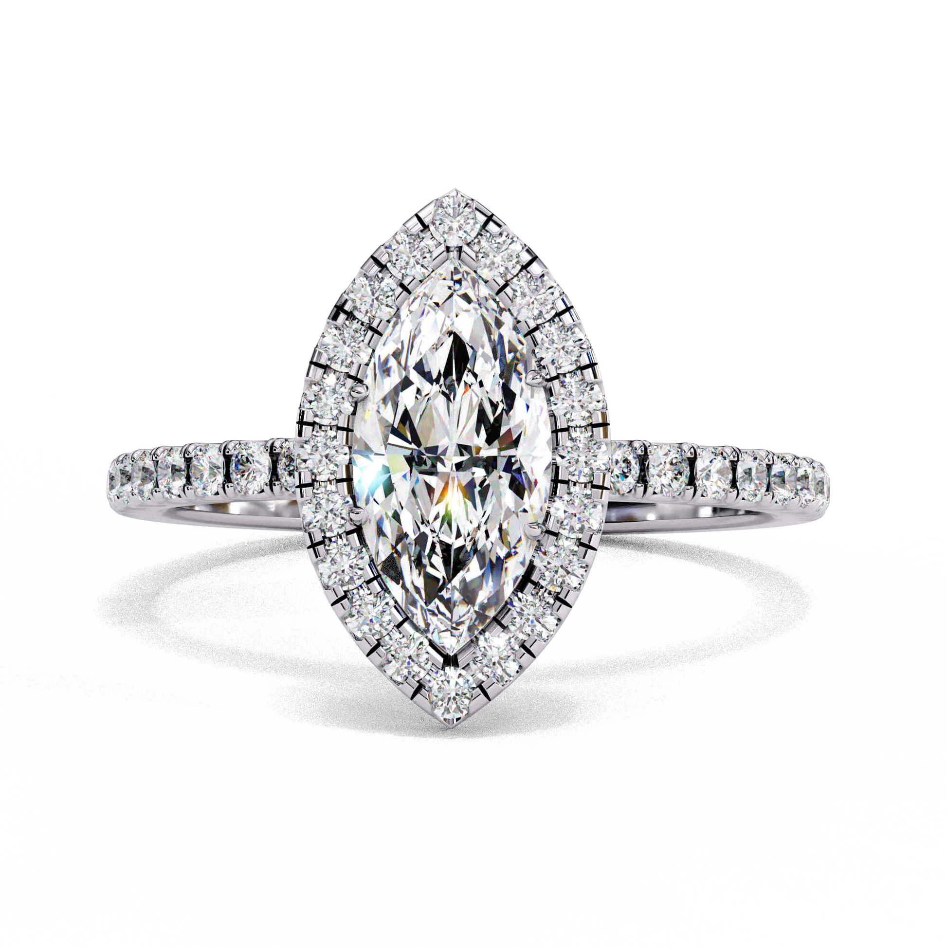 Angelica — Marquise cut lab grown and natural diamond engagement ring — single halo, two tone, half pavé band — 18k white gold and platinum — Carat House
