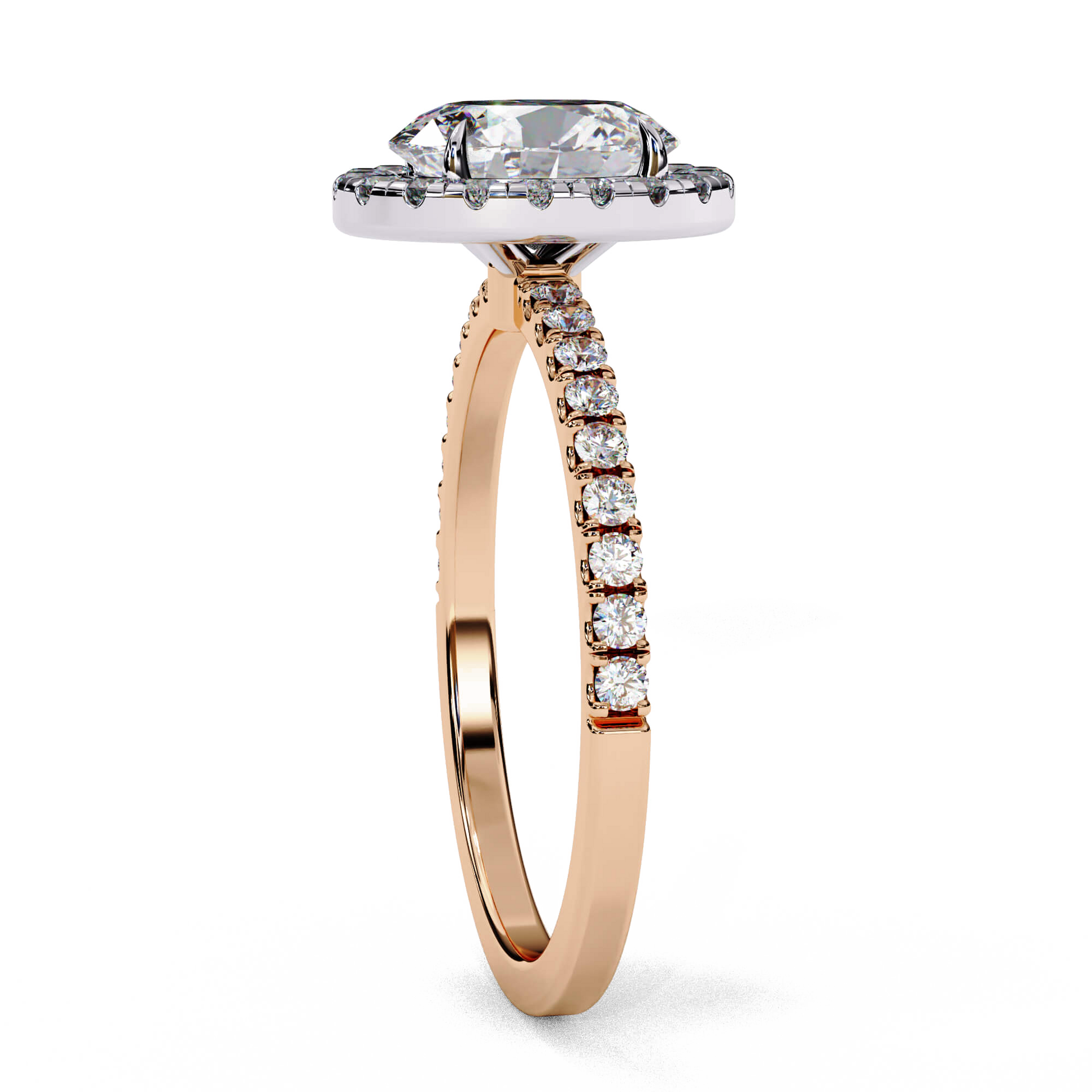 Antonia — Oval cut lab grown and natural diamond engagement ring — single halo, two tone, half pavé band — Carat House