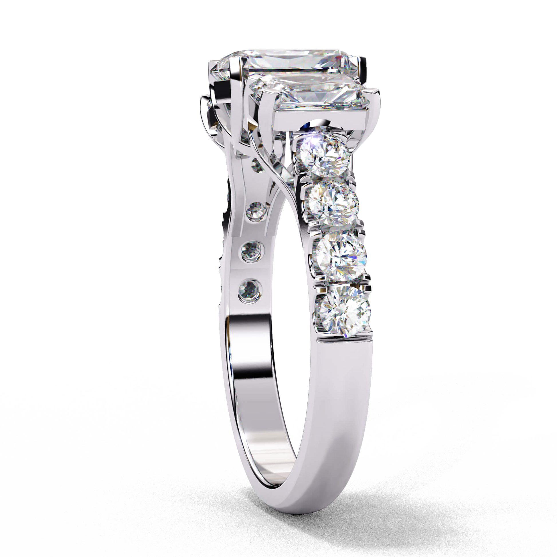 Marianna — Radiant cut lab grown and natural diamond engagement ring — trilogy three stone, trellis cathedral, side stones — Carat House