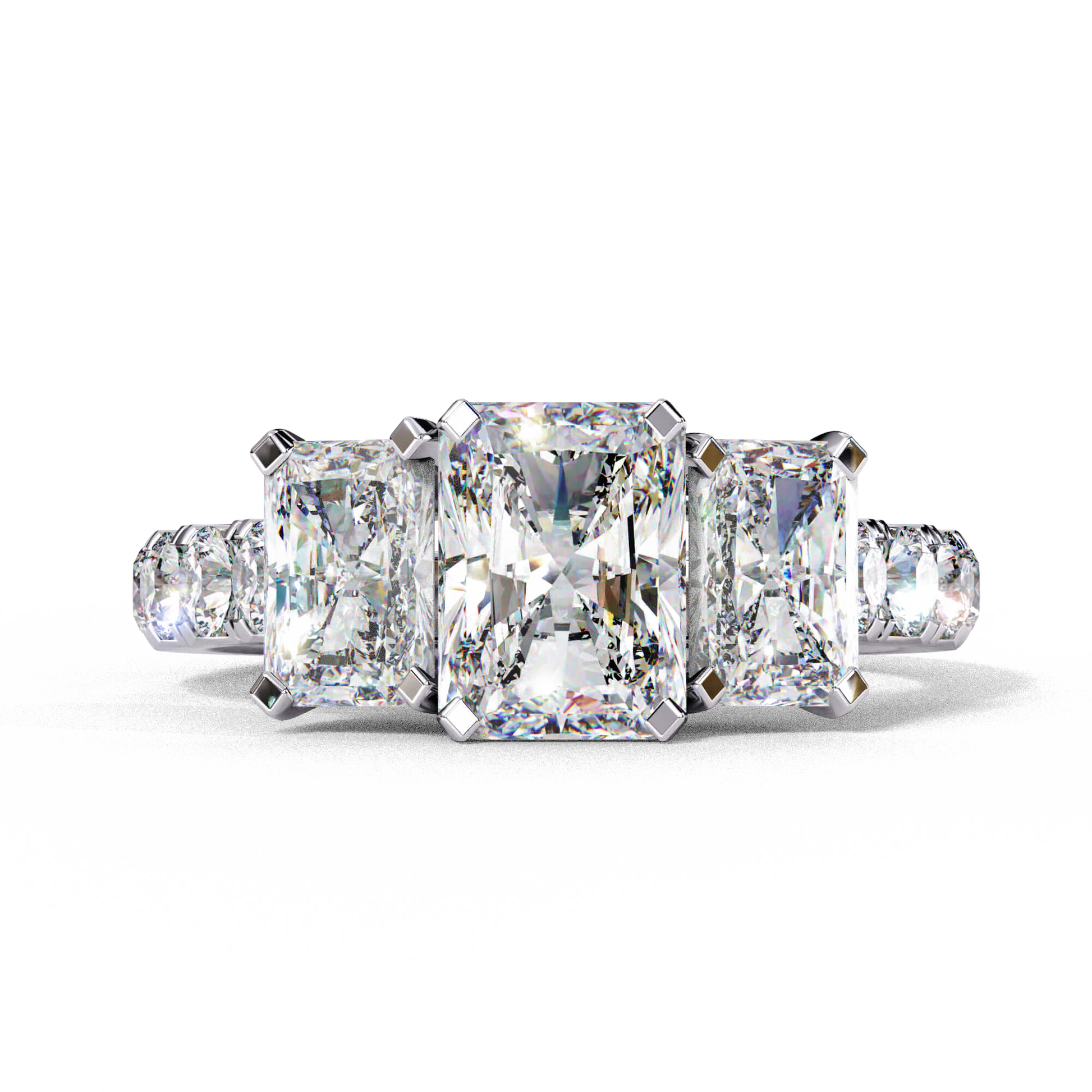 Marianna — Radiant cut lab grown and natural diamond engagement ring — trilogy three stone, trellis cathedral, side stones — 18k white gold and platinum — Carat House