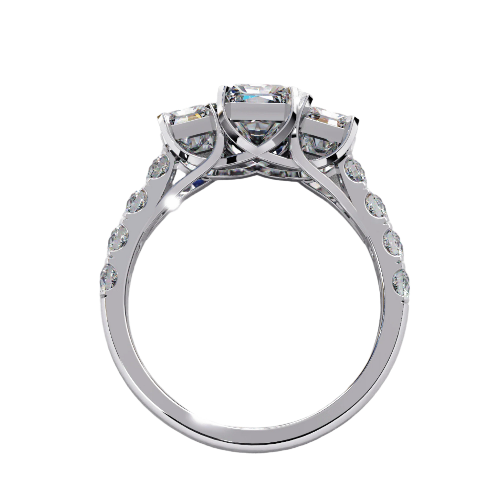 Marianna — Radiant cut lab grown and natural diamond engagement ring — trilogy three stone, trellis cathedral, side stones — Carat House