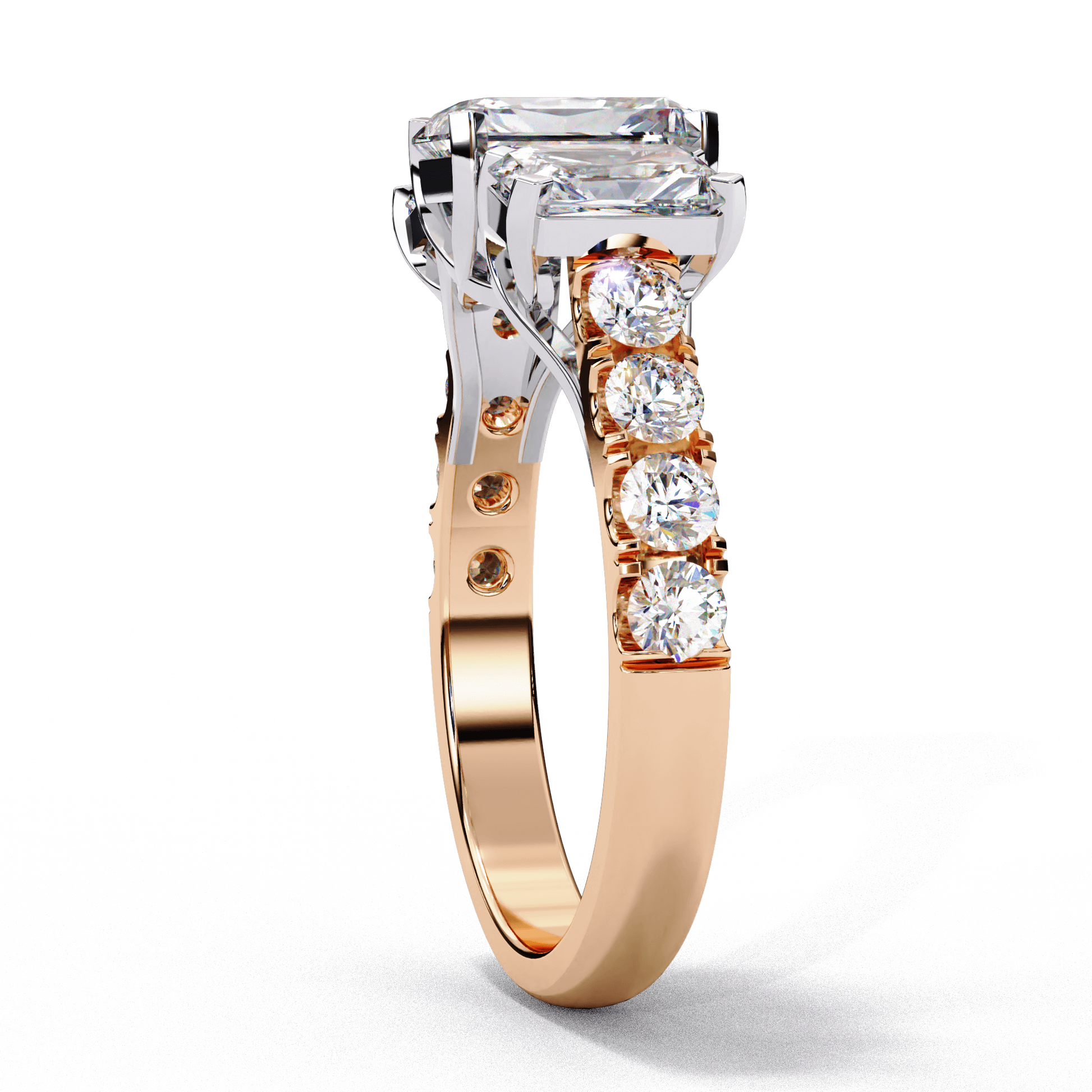 Marianna — Radiant cut lab grown and natural diamond engagement ring — trilogy three stone, trellis cathedral, side stones — Carat House