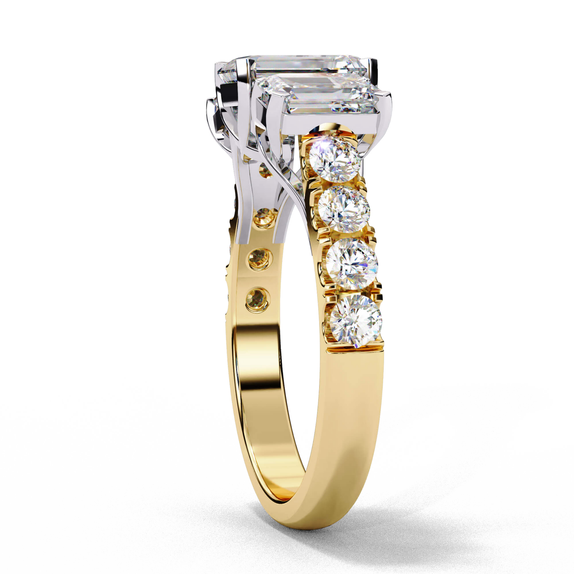 Isadora — Emerald cut lab grown and natural diamond engagement ring — trilogy three stone, trellis cathedral, side stones — Carat House