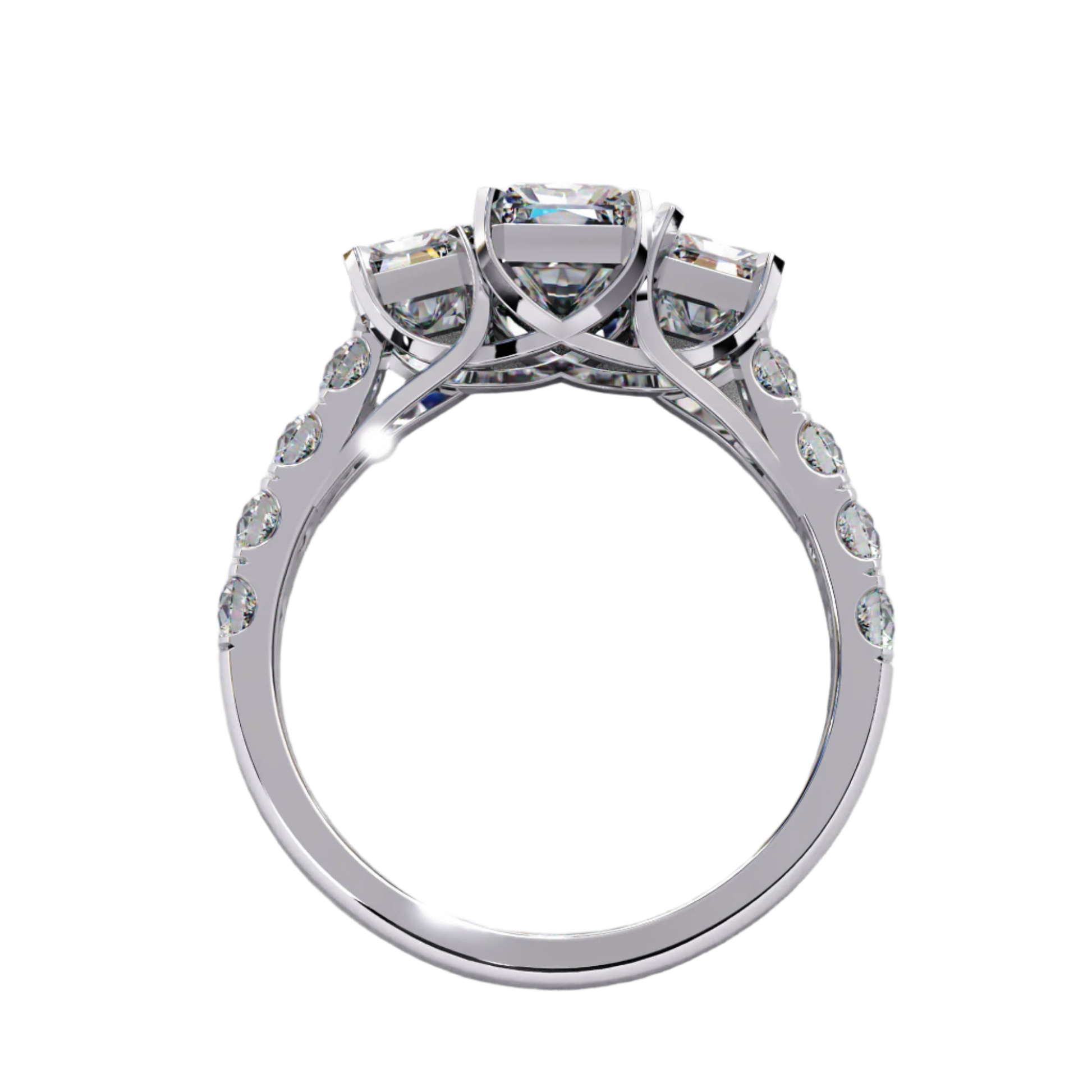 Isadora — Emerald cut lab grown and natural diamond engagement ring — trilogy three stone, trellis cathedral, side stones — Carat House