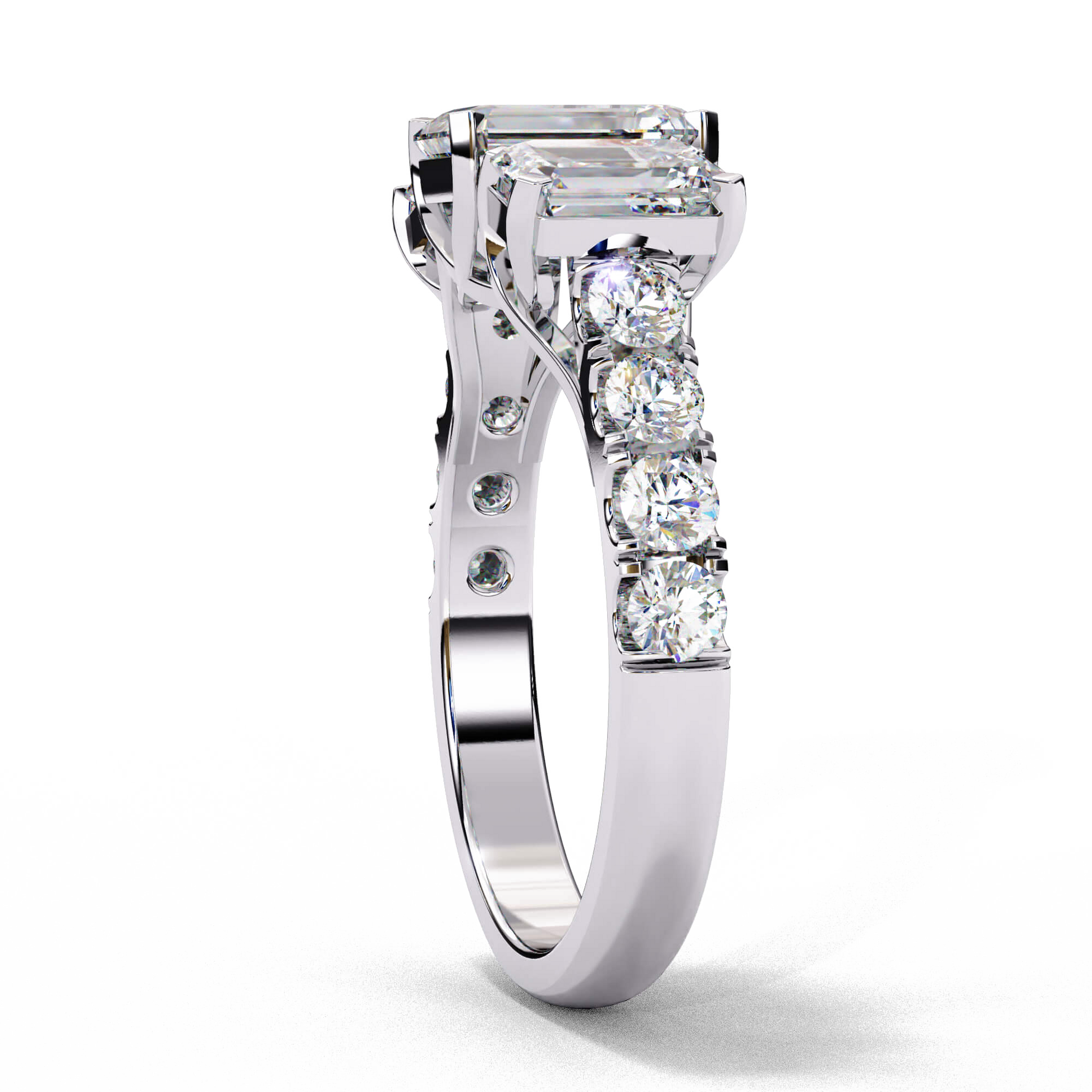 Isadora — Emerald cut lab grown and natural diamond engagement ring — trilogy three stone, trellis cathedral, side stones — Carat House