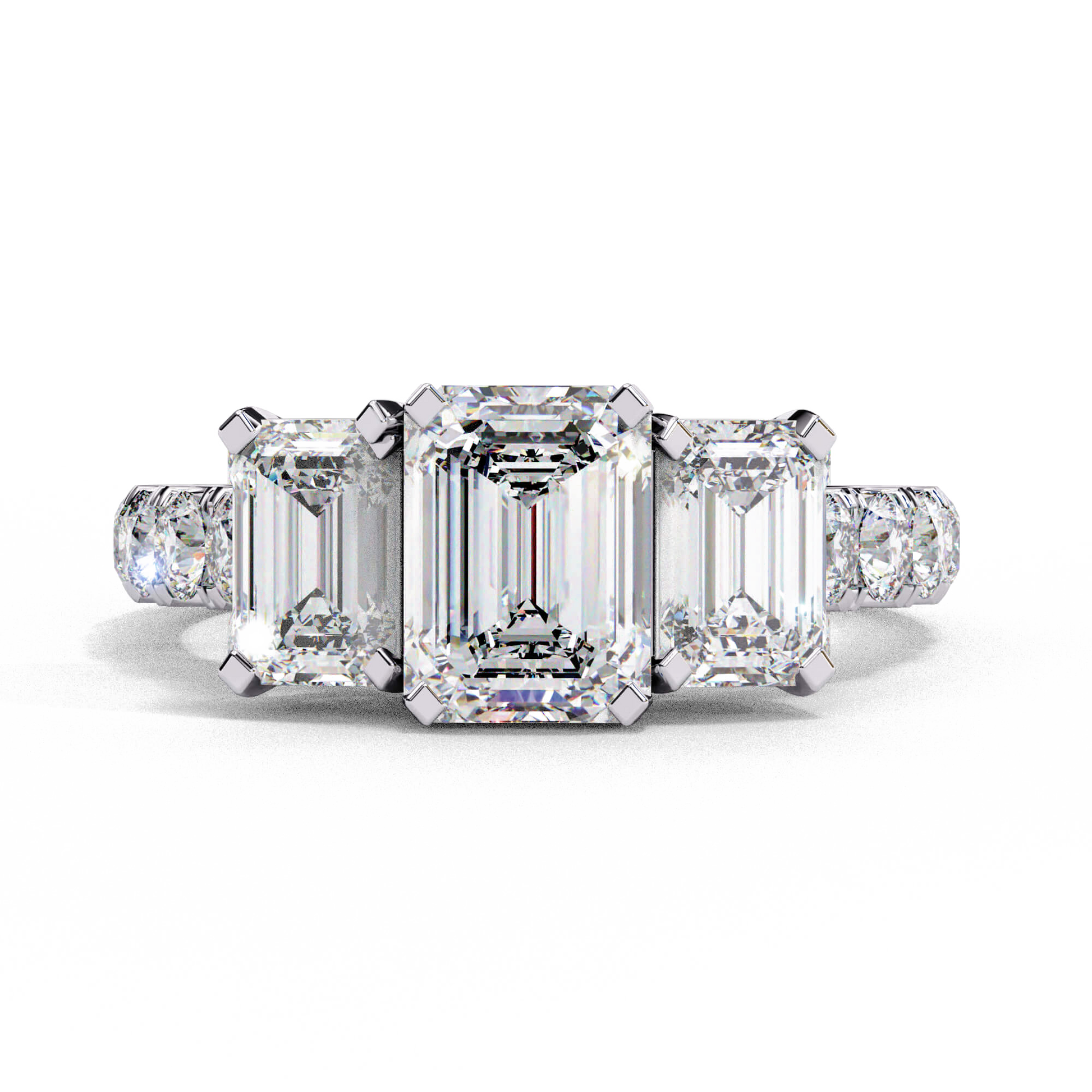 Isadora — Emerald cut lab grown and natural diamond engagement ring — trilogy three stone, trellis cathedral, side stones — 18k white gold and platinum — Carat House