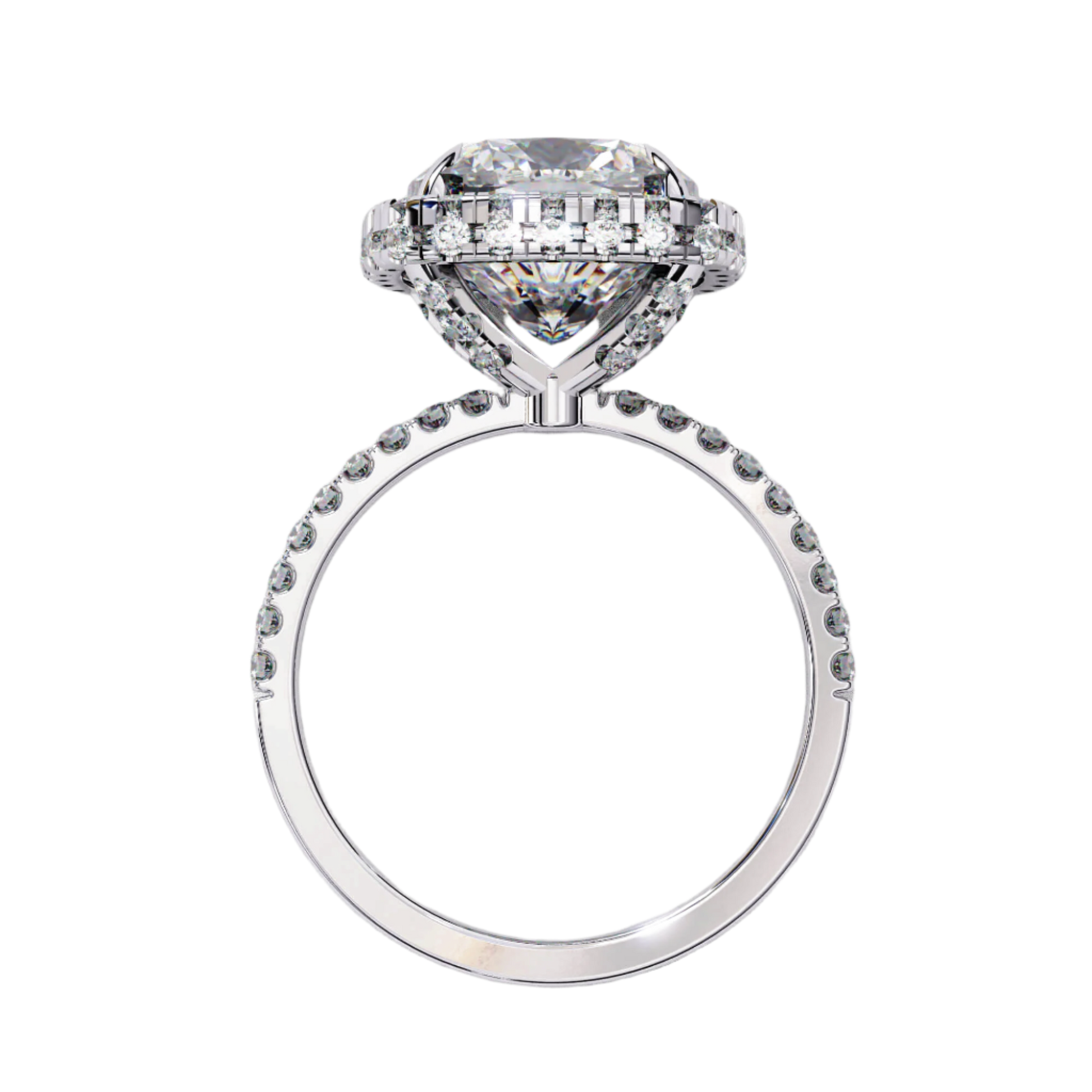 Arabella — Cushion cut lab grown and natural diamond engagement ring — single halo, diamond prong setting, pavé band — Carat House