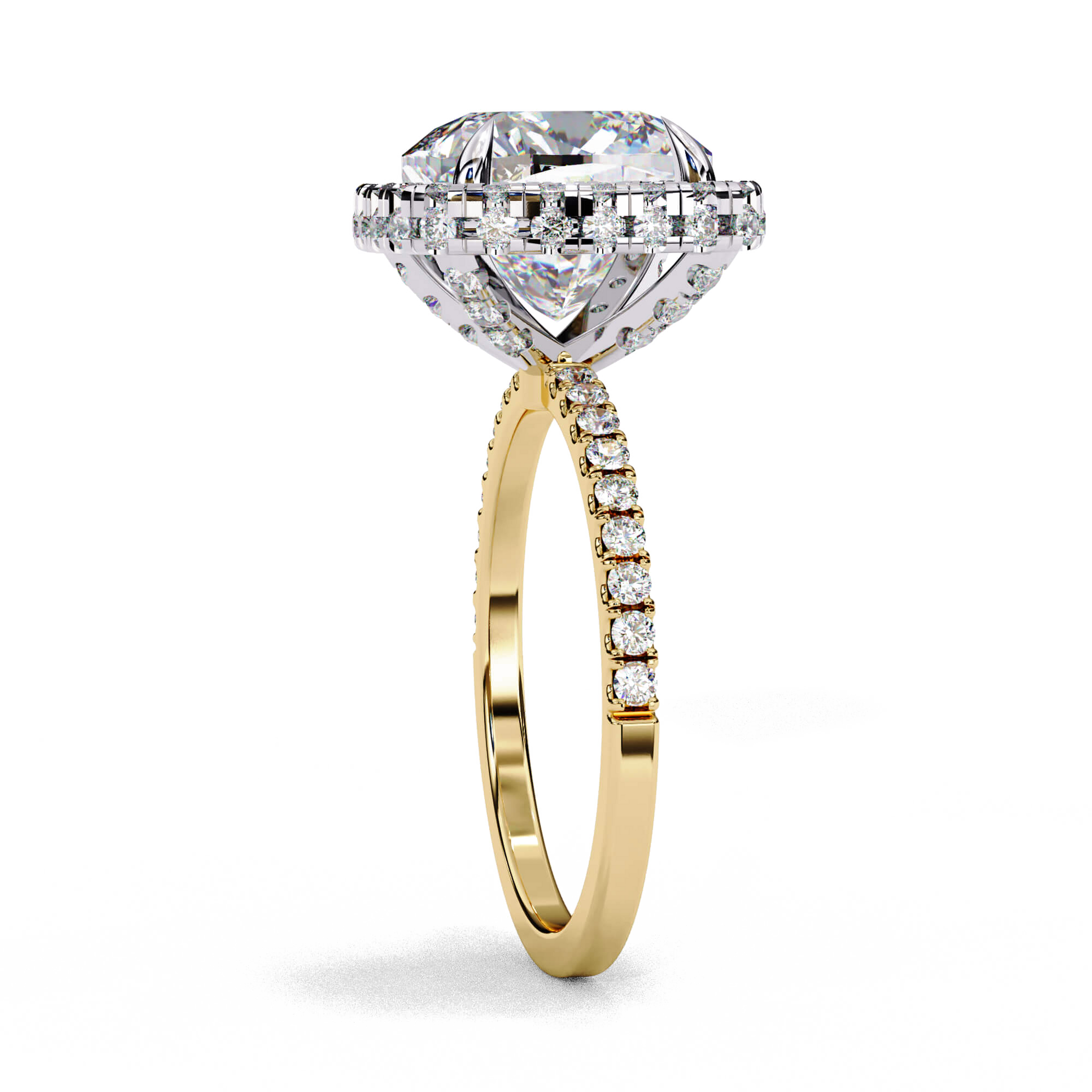 Arabella — Cushion cut lab grown and natural diamond engagement ring — single halo, diamond prong setting, pavé band — Carat House