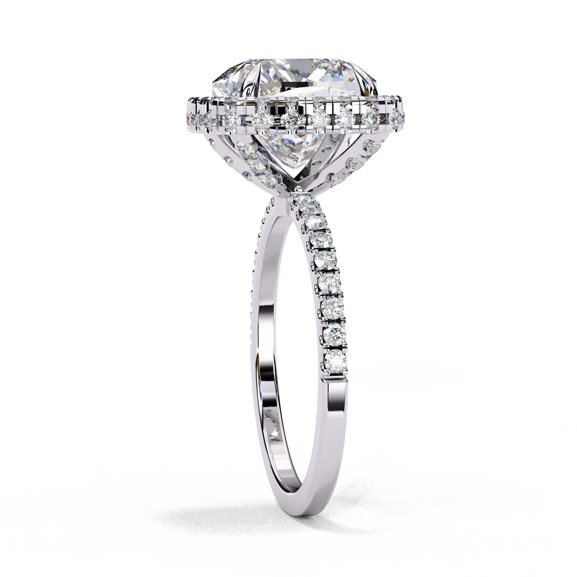 Arabella — Cushion cut lab grown and natural diamond engagement ring — single halo, diamond prong setting, pavé band — Carat House