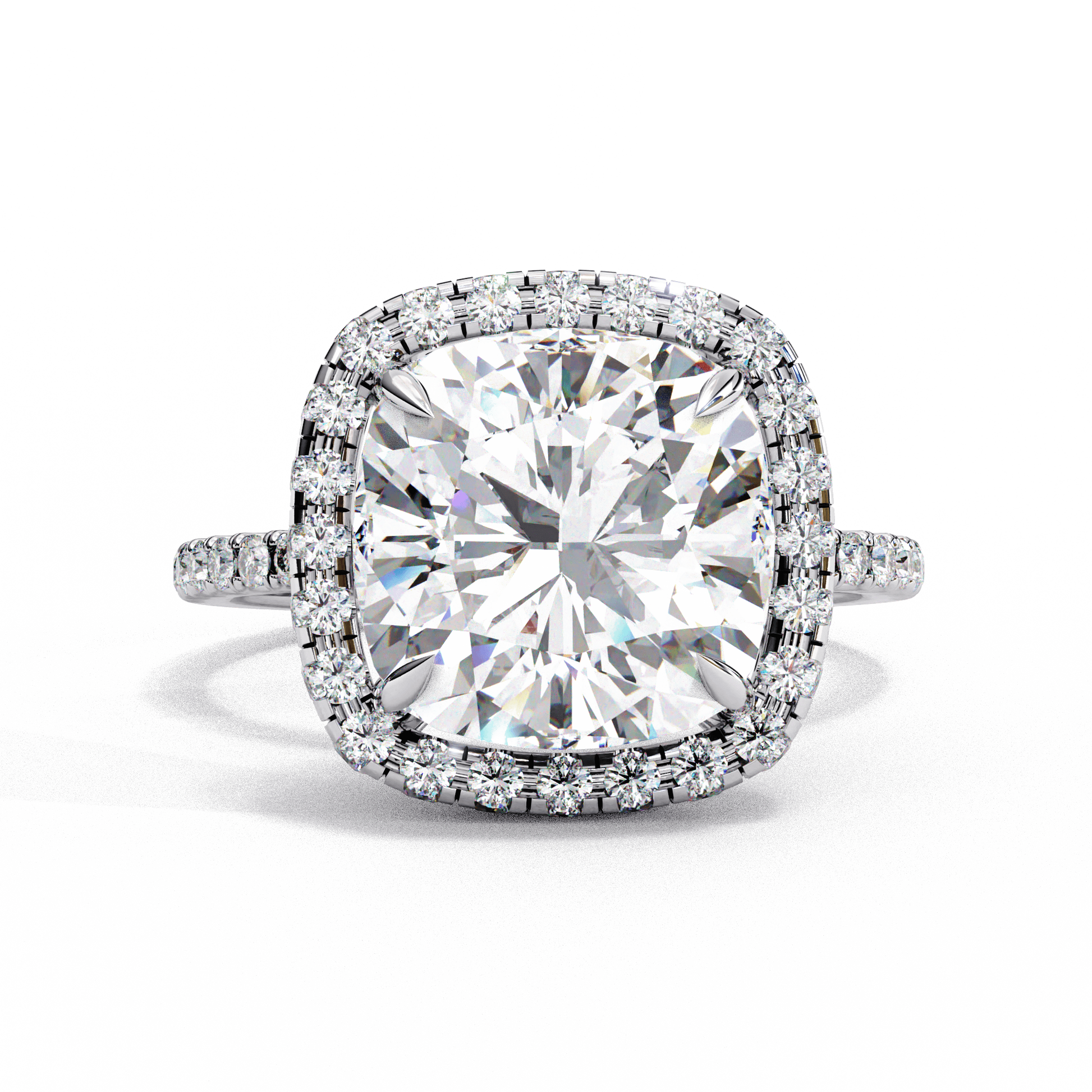 Arabella — Cushion cut lab grown and natural diamond engagement ring — single halo, diamond prong setting, pavé band — 18k white gold and platinum — Carat House