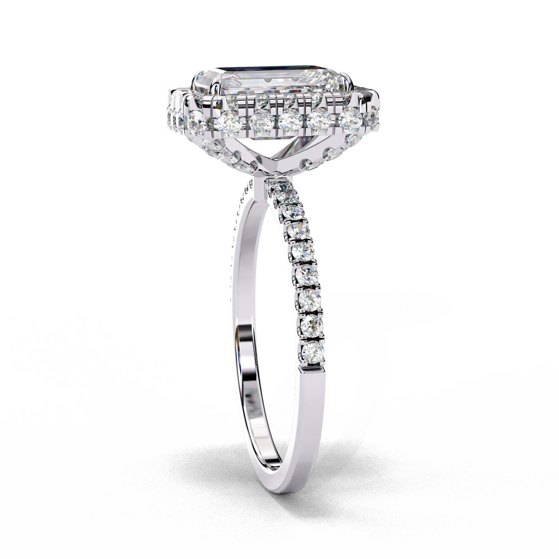 Aurelia — Emerald cut lab grown and natural diamond engagement ring — single halo, diamond prong setting, pavé band — Carat House