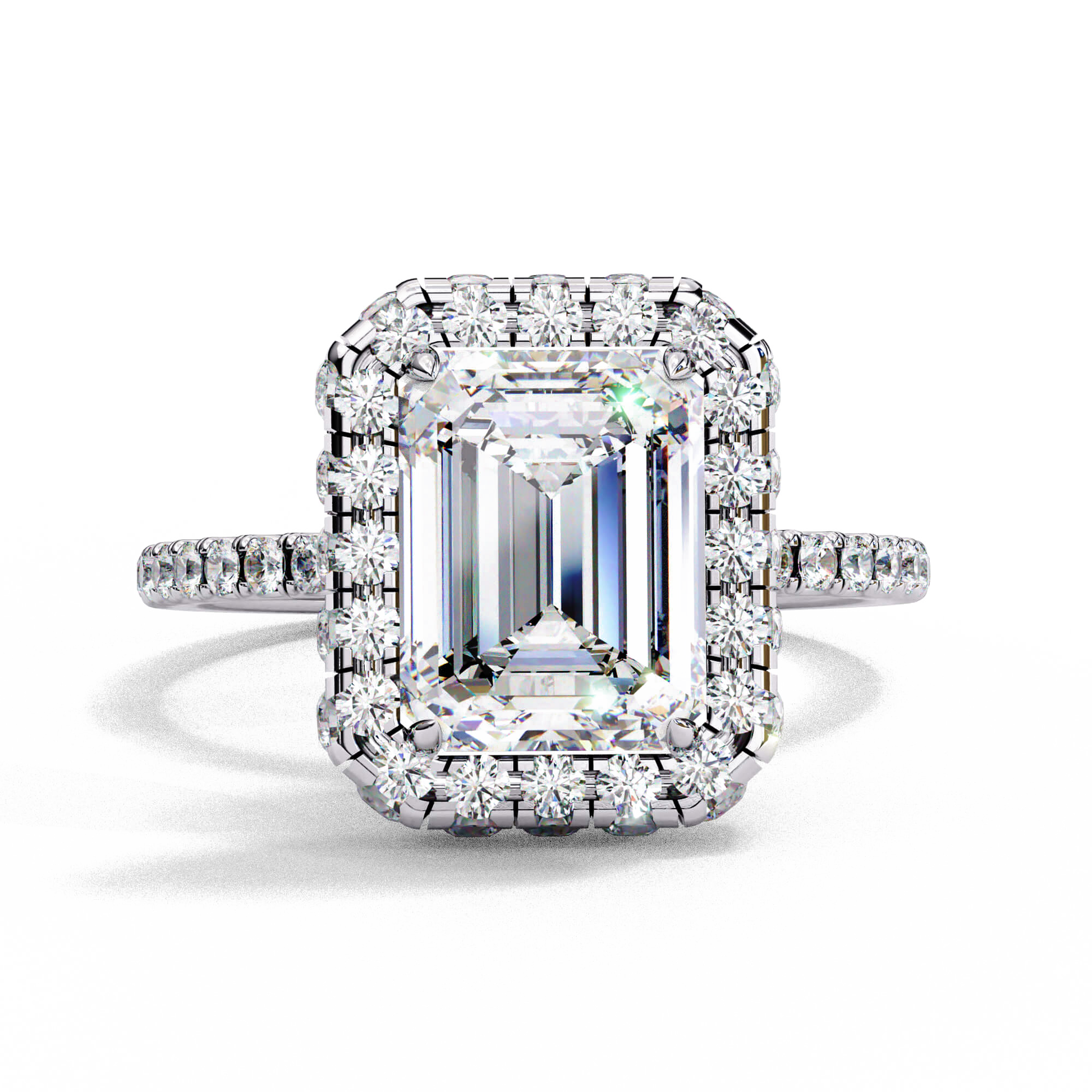 Aurelia — Emerald cut lab grown and natural diamond engagement ring — single halo, diamond prong setting, pavé band — 18k white gold and platinum — Carat House